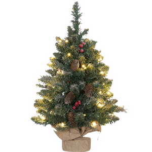 Feestelijke kunstkerstboom met 86 takken en 50 warmwitte LED lampjes 60 cm met dennenappels en rode bessen