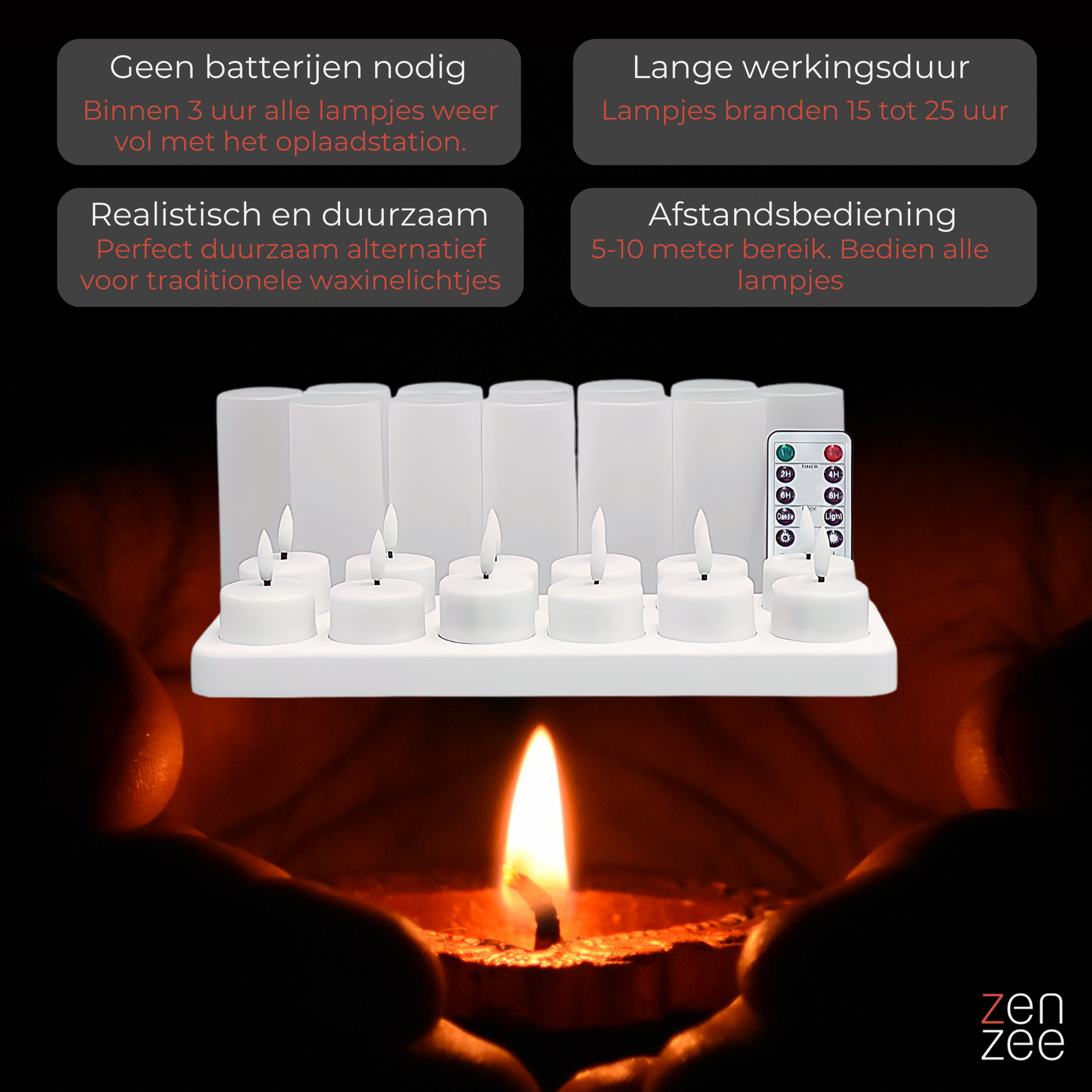 12 oplaadbare LED waxinelichtjes – met afstandsbediening en timerfunctie | Zenzee