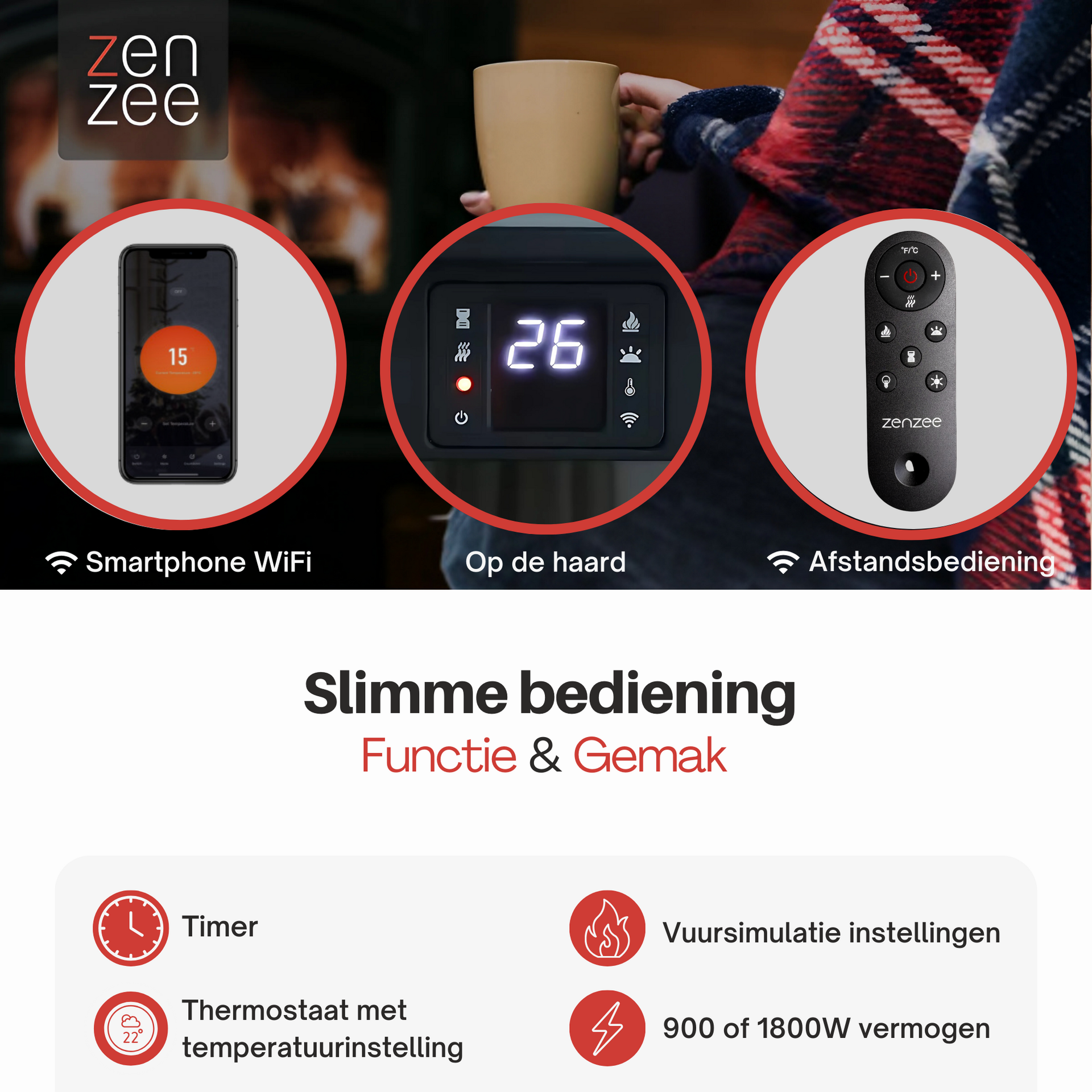 Zwarte elektrische sfeerhaard 1800W – met wifi-app en afstandsbediening | Zenzee