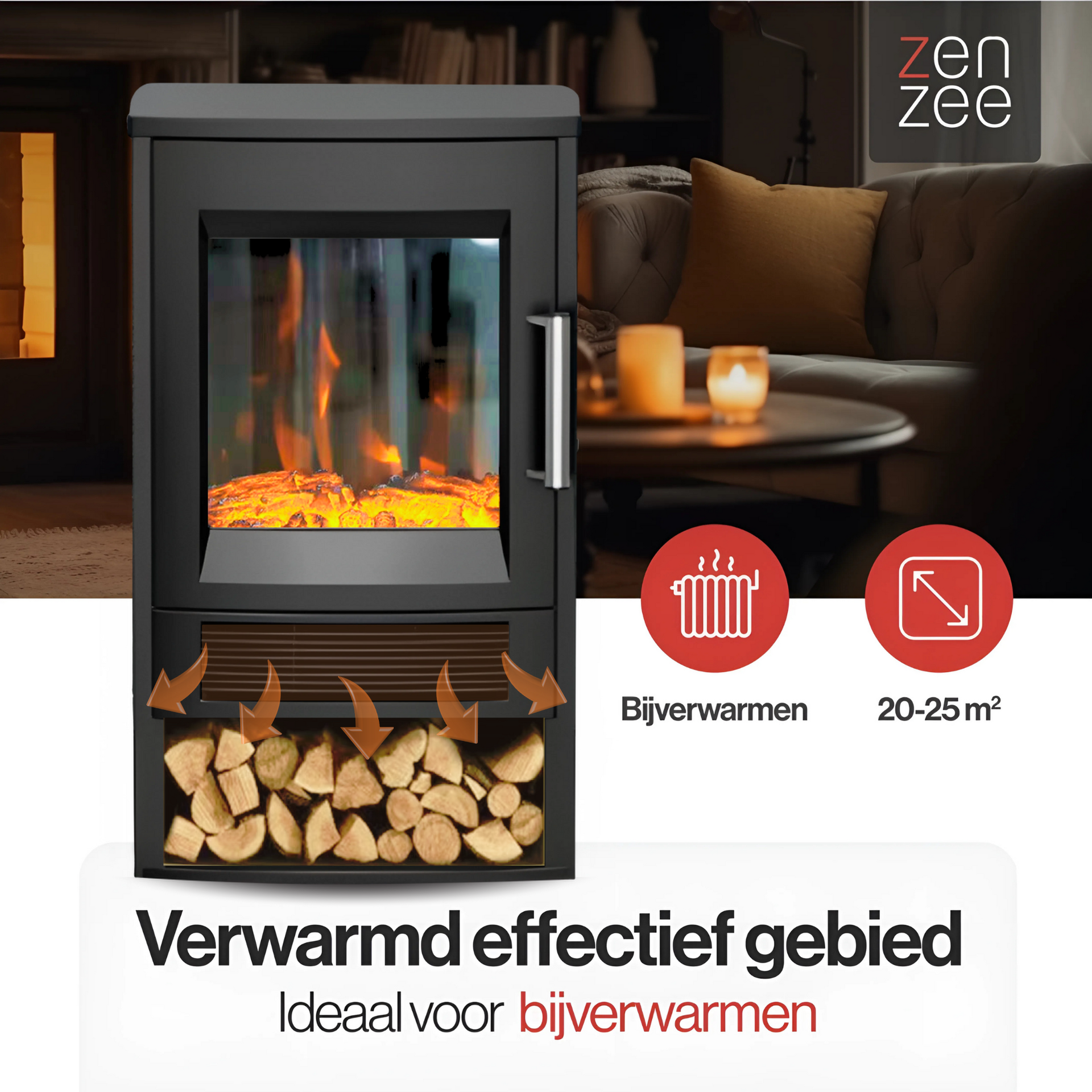 Zwarte elektrische sfeerhaard 1800W – met wifi-app en afstandsbediening | Zenzee