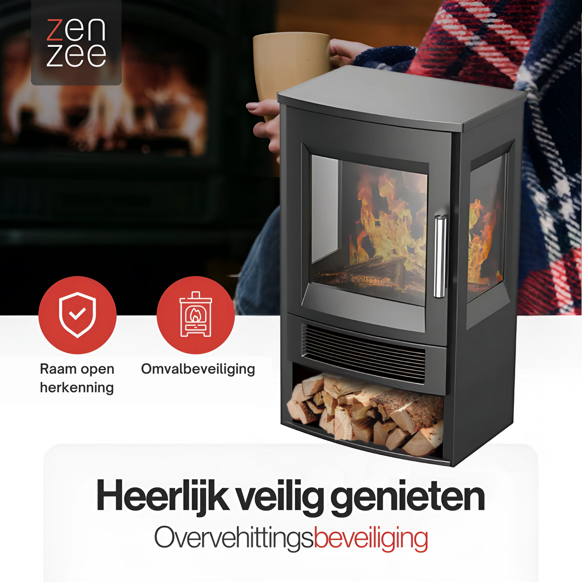 Zwarte elektrische sfeerhaard 1800W – met wifi-app en afstandsbediening | Zenzee