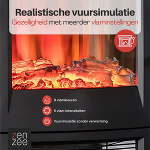 Zwarte elektrische sfeerhaard 1800W – met wifi-app en afstandsbediening | Zenzee met realistische vuursimulatie en meerdere vlaminstellingen