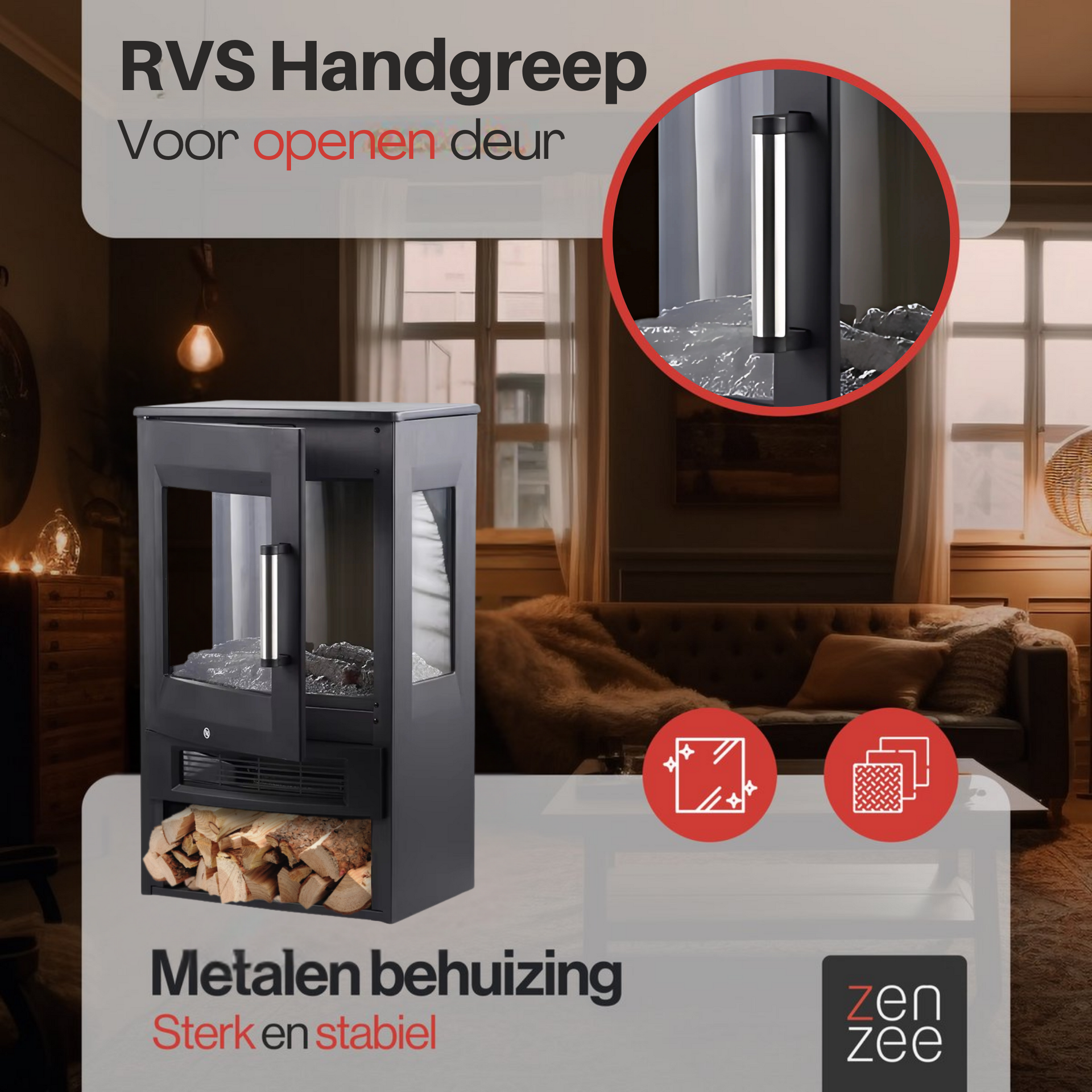 Zwarte elektrische sfeerhaard 1800W – met wifi-app en afstandsbediening | Zenzee