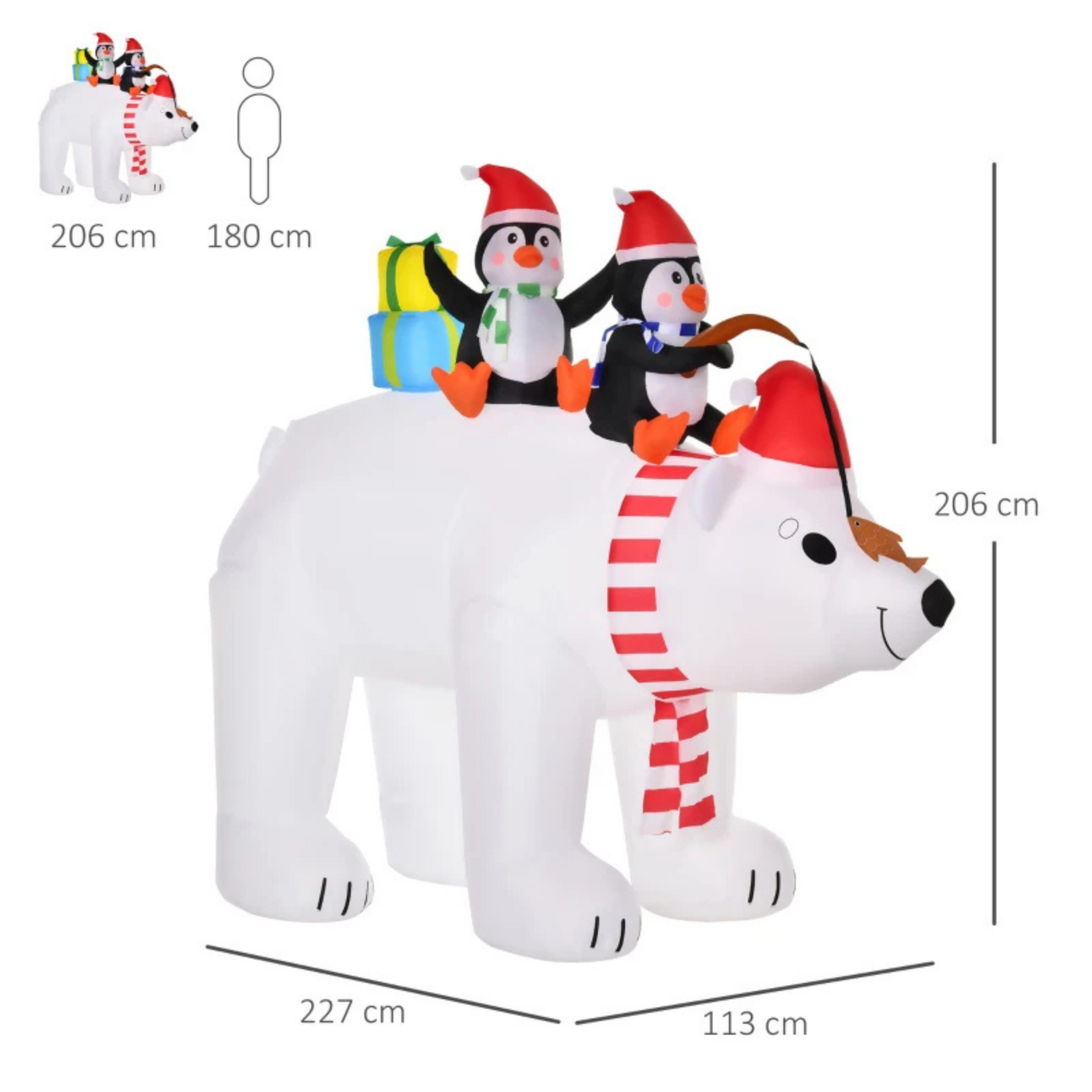 Magische opblaasbare ijsbeer met pinguïns  met LED verlichting - 227x113x206 cm