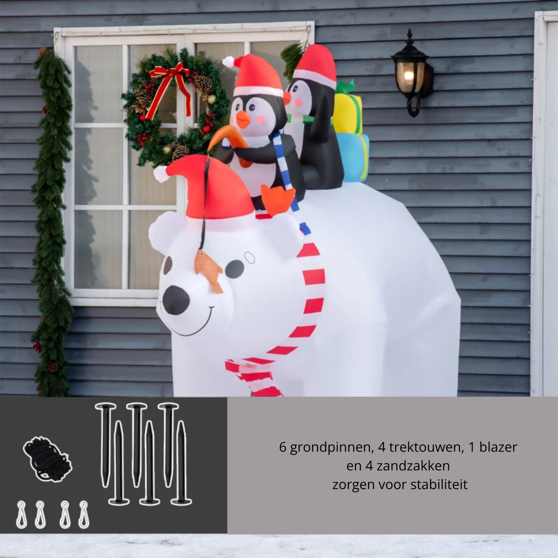Magische opblaasbare ijsbeer met pinguïns  met LED verlichting - 227x113x206 cm