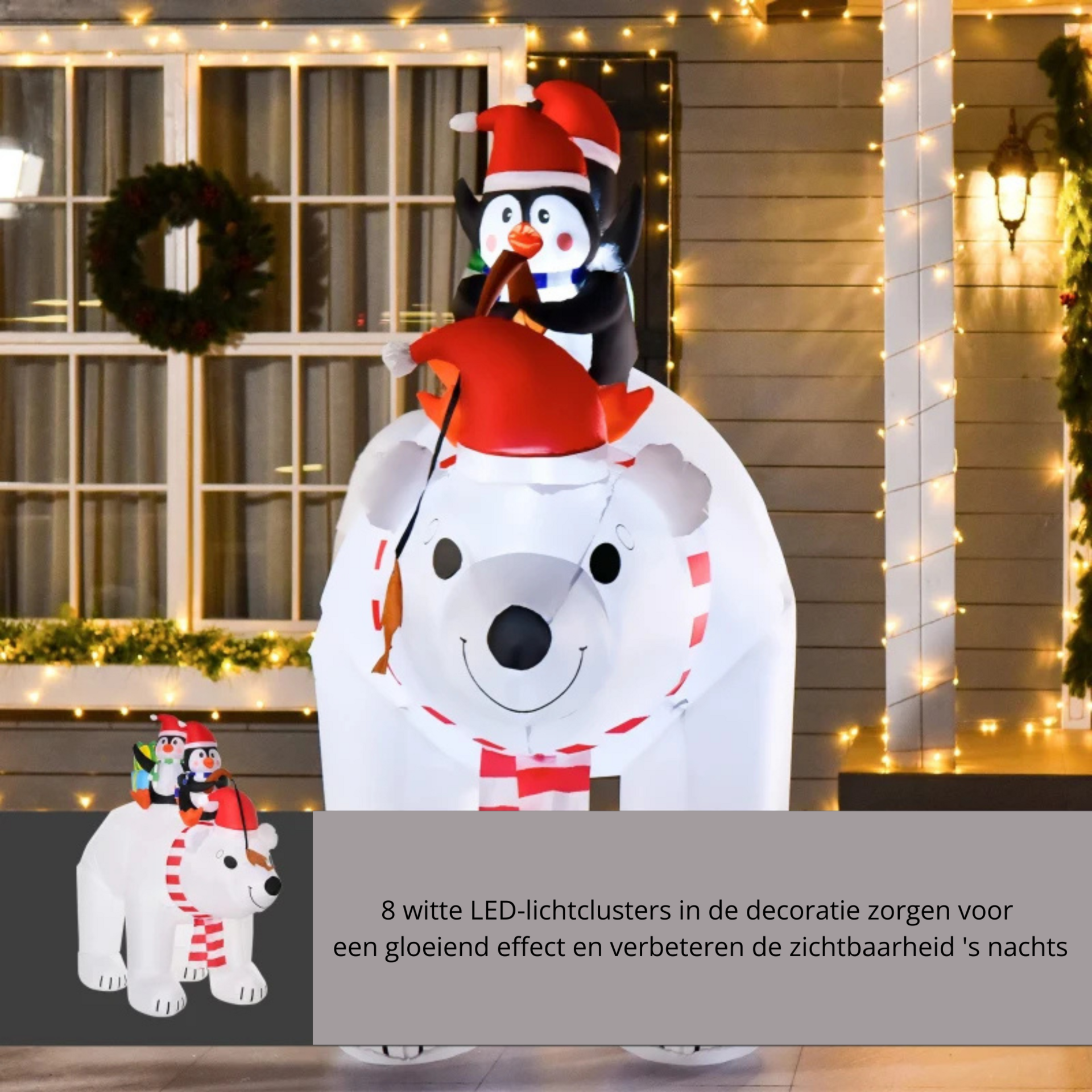 Magische opblaasbare ijsbeer met pinguïns  met LED verlichting - 227x113x206 cm