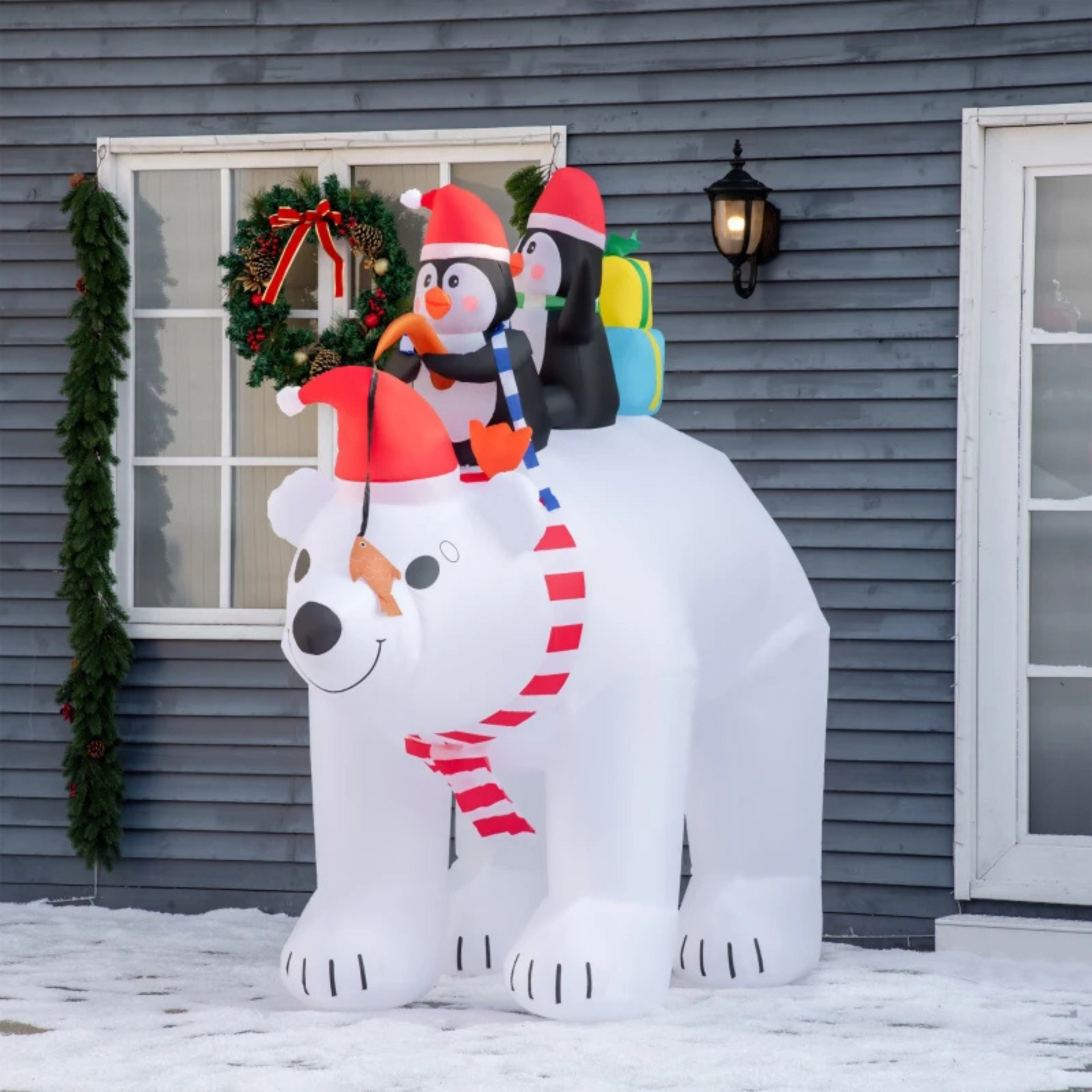 Magische opblaasbare ijsbeer met pinguïns  met LED verlichting - 227x113x206 cm