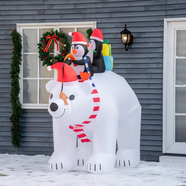 Magische opblaasbare ijsbeer met pinguïns  met LED verlichting - 227x113x206 cm