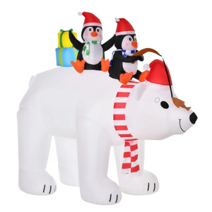 Magische opblaasbare ijsbeer met pinguïns met LED verlichting - 227x113x206 cm feestelijke winterdecoratie voor buiten en binnen