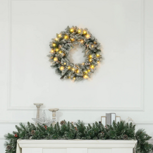 Sfeervolle kerstkrans met 50 LED en sneeuw voor een warme kerstsfeer, 60 cm – winterse decoratie met warmwit licht