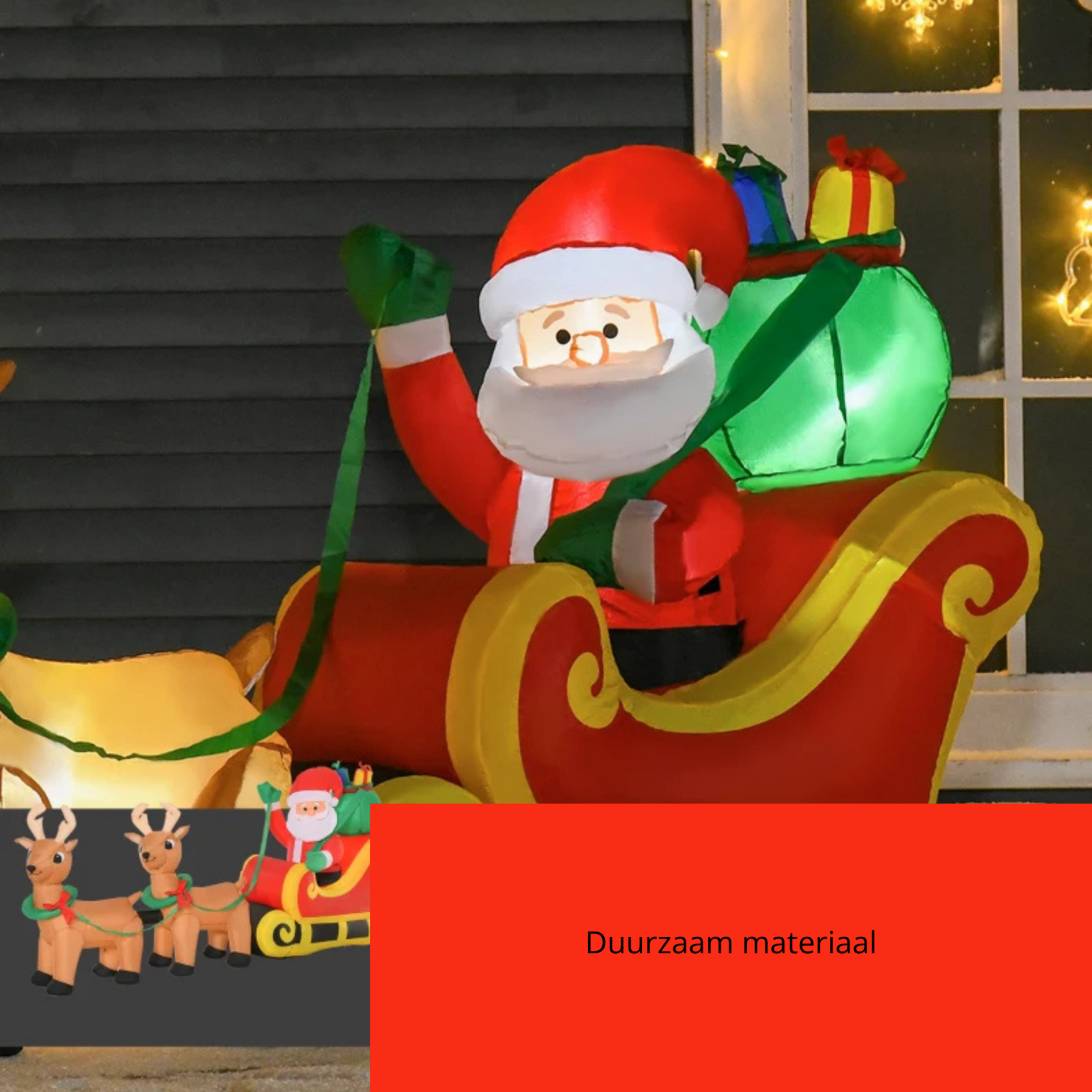 Opblaasbare slee met rendier en kerstman. LED verlichting. Voor binnen en buiten. 240 cm