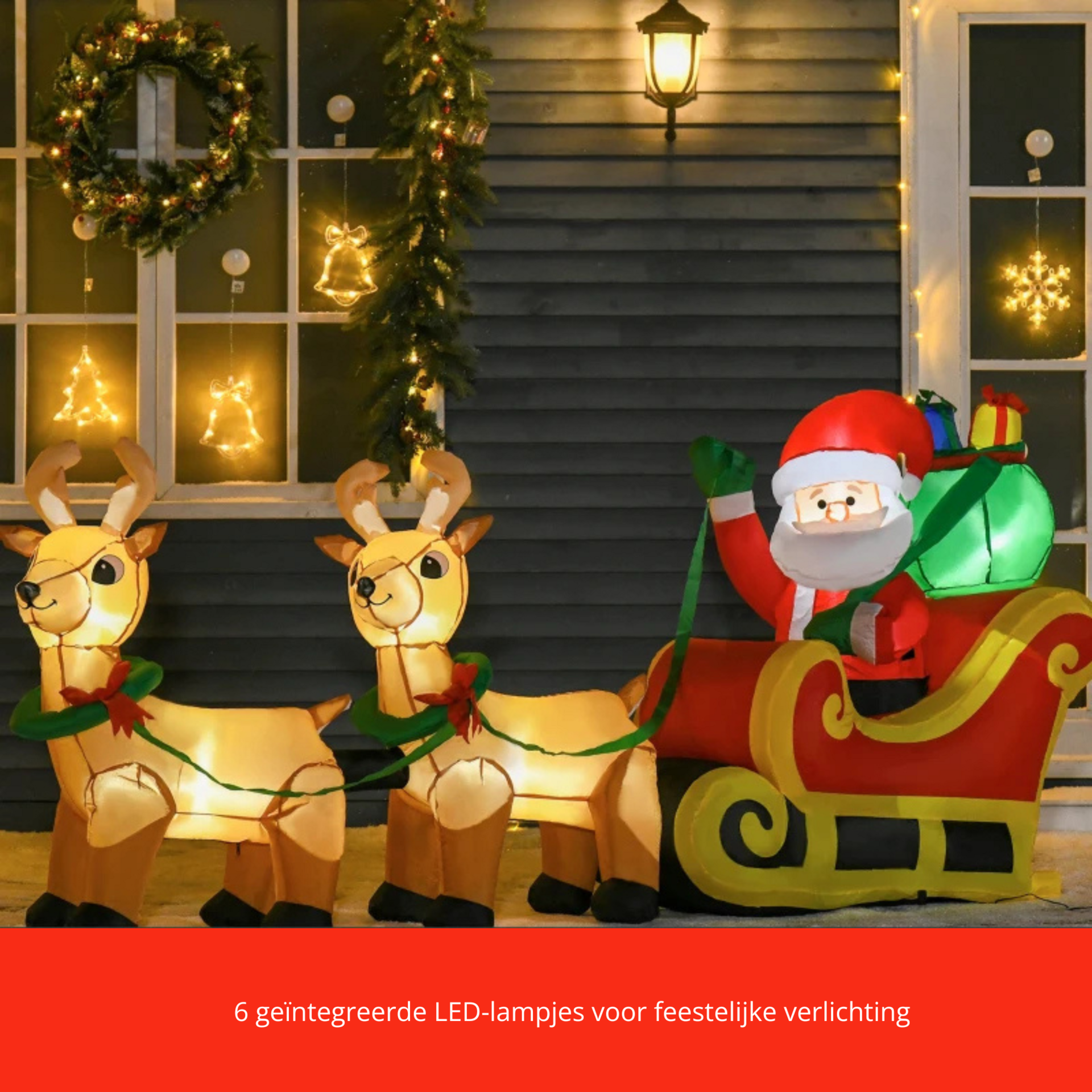 Opblaasbare slee met rendier en kerstman. LED verlichting. Voor binnen en buiten. 240 cm