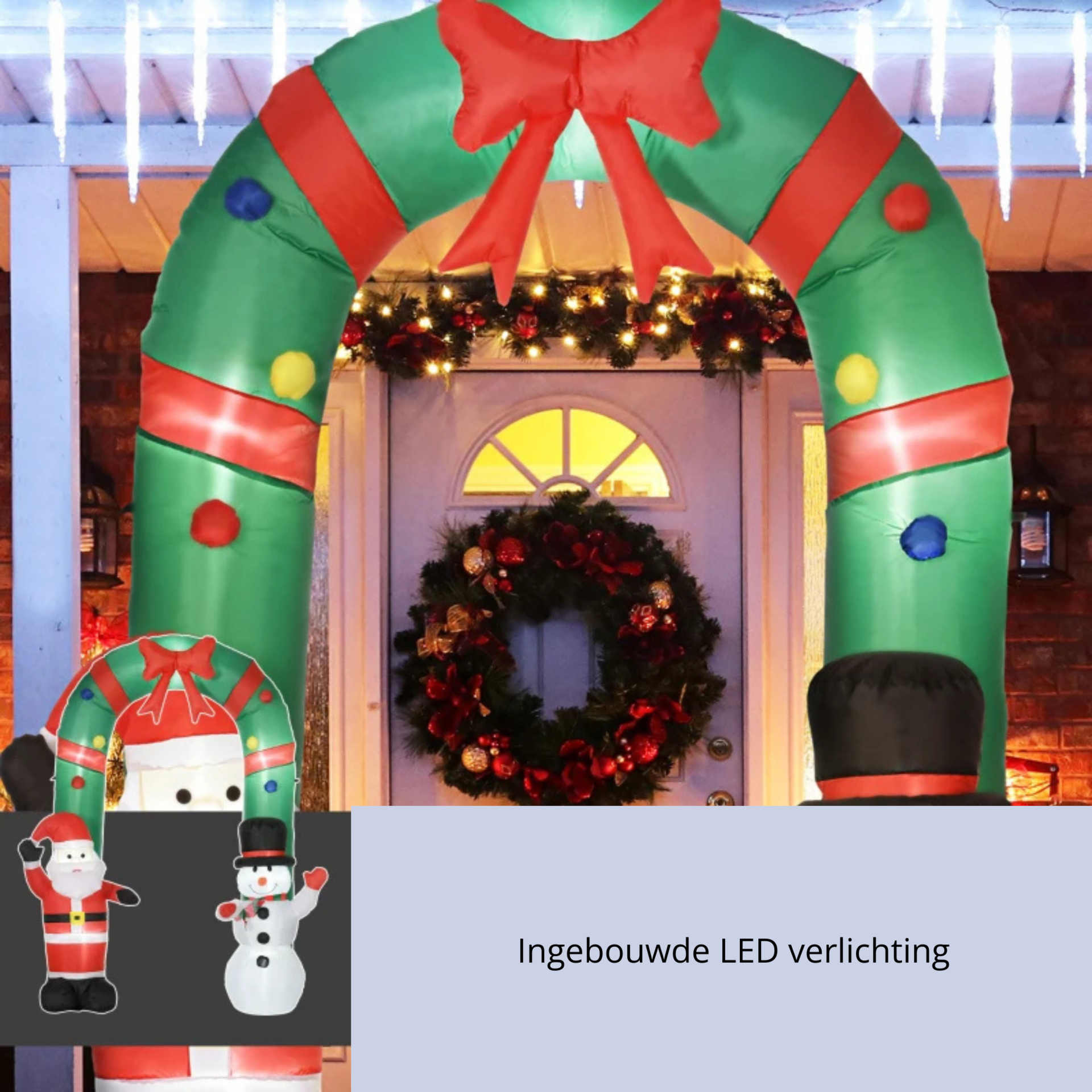 Opblaasbare deurboog met sneeuwpop en kerstman LED verlichting. 245 cm
