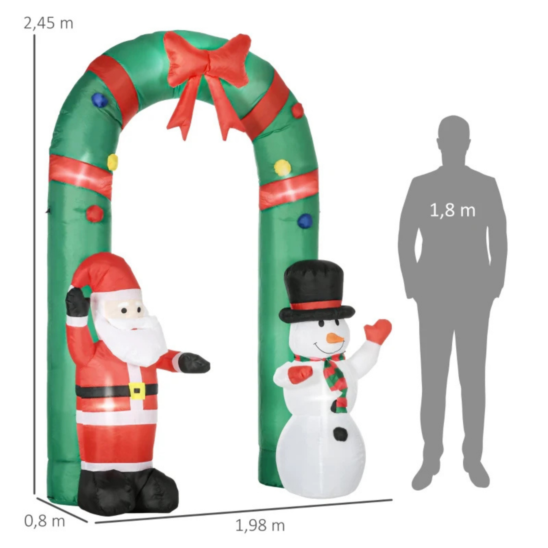 Opblaasbare deurboog met sneeuwpop en kerstman LED verlichting. 245 cm