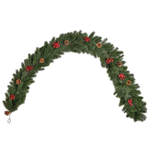 Sfeervolle kerst guirlande met decoratie - 190 x 12 x 8 cm met dennentakken, dennenappels en rode bessen voor kerstversiering
