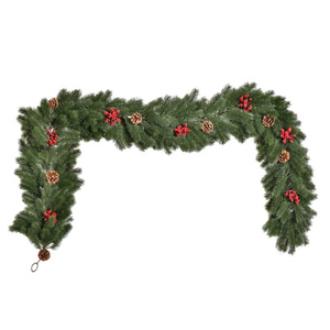Sfeervolle kerst guirlande met decoratie - 190 x 12 x 8 cm met dennetakken, dennenappels en rode bessen voor kerstversiering