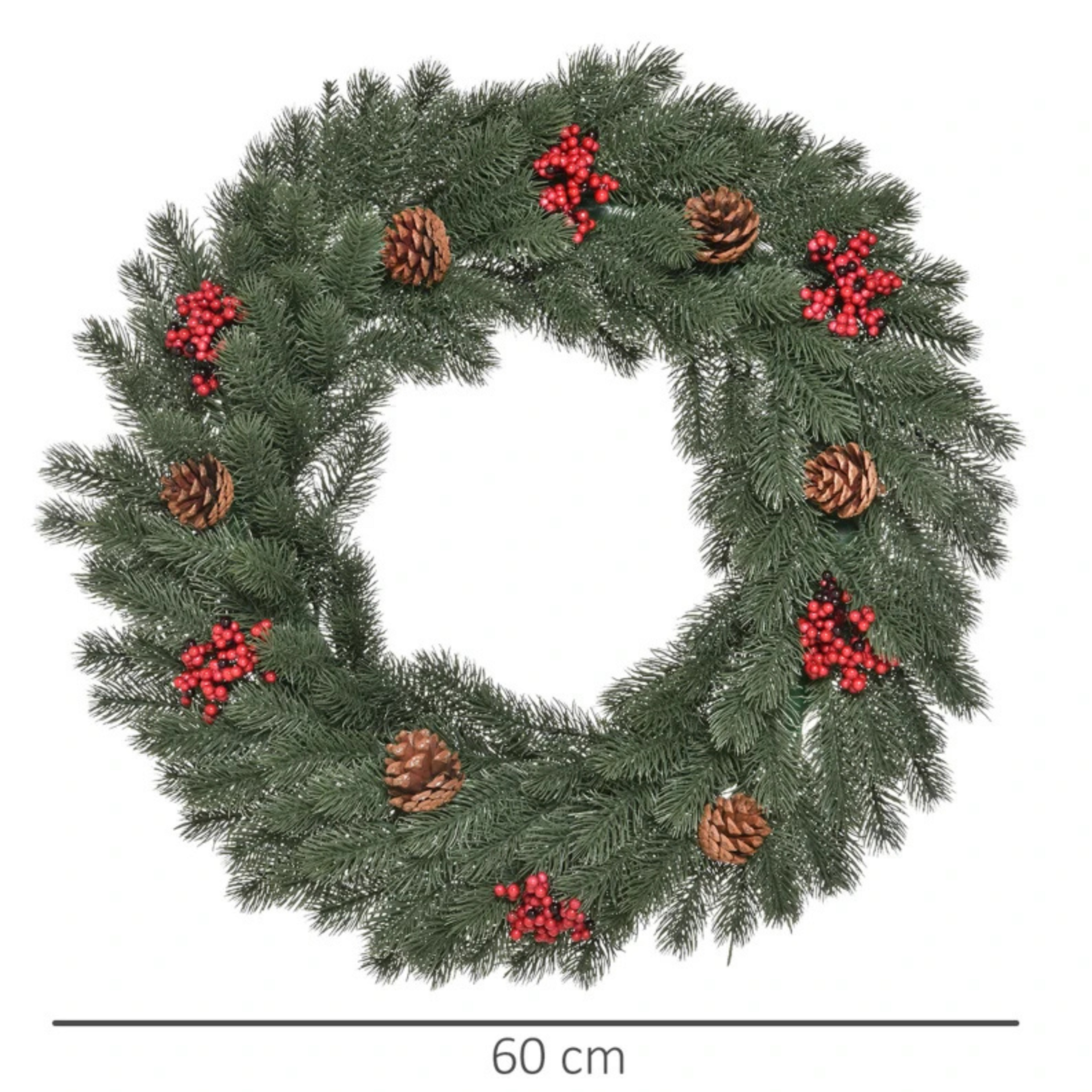 Kunstkerstkrans 60 cm – groen met dennenappels en rode bessen