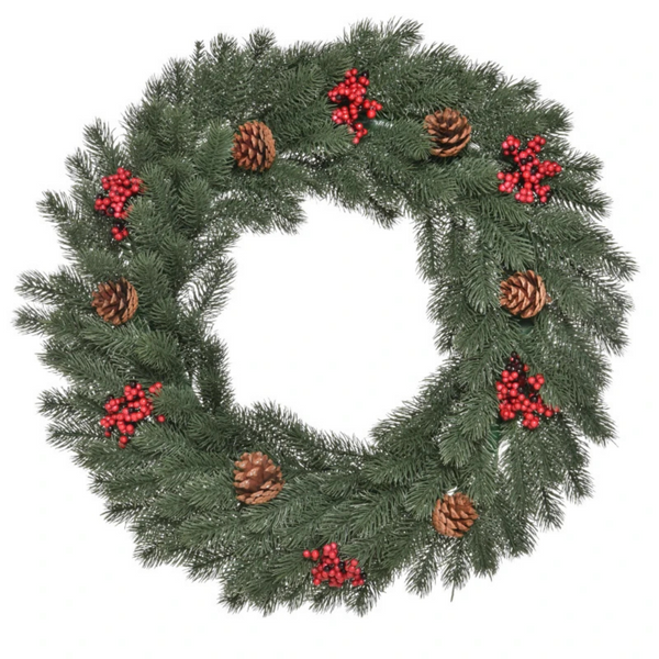 Kunstkerstkrans 60 cm – groen met dennenappels en rode bessen