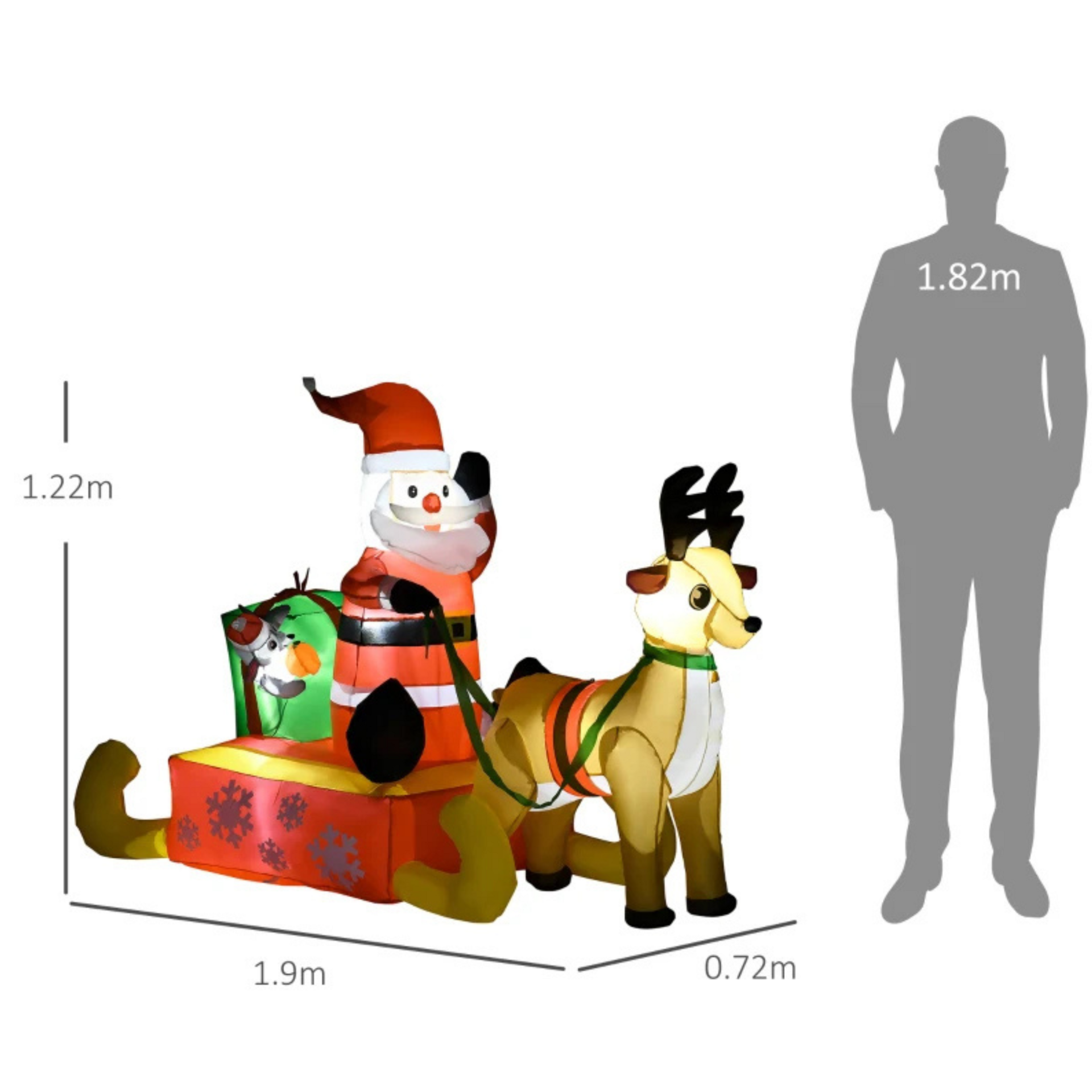 Opblaasbare kerstman met slee en rendier – 190 cm met LED-verlichting