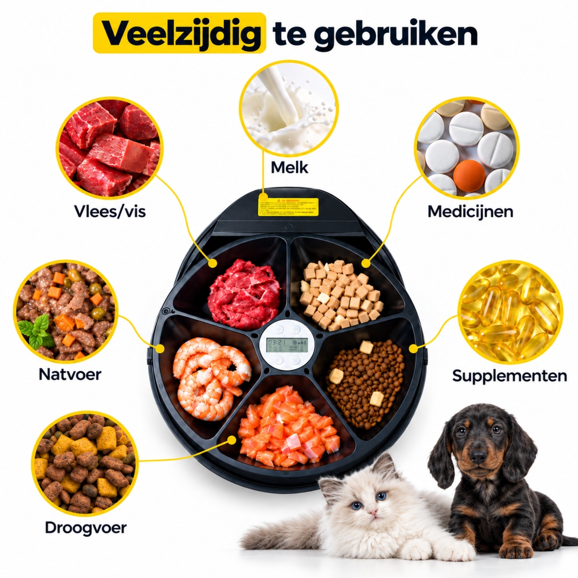 UBpet F10 automatische voerbak – met koeling en 5 compartimenten voor verschillende soorten voer en supplementen.