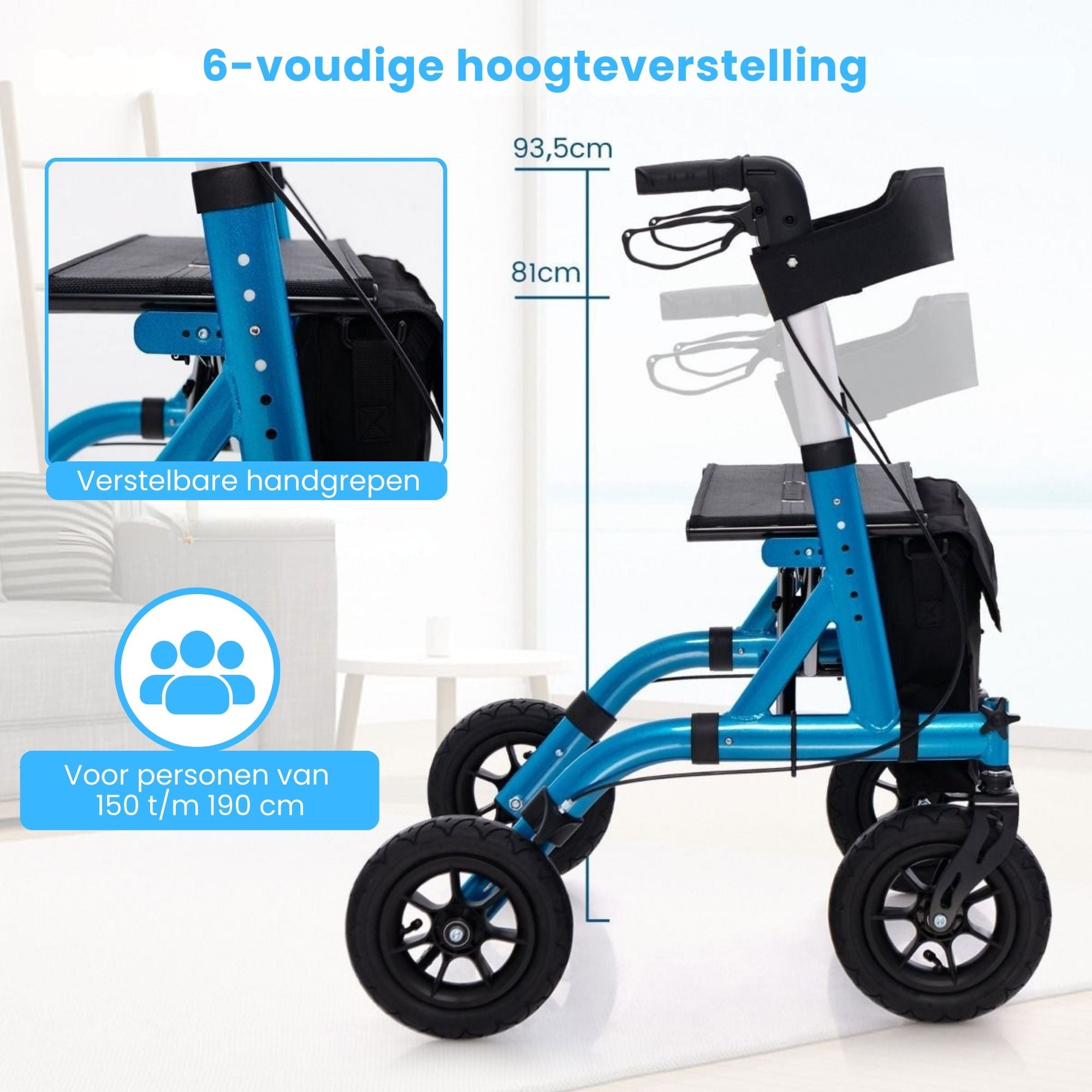 Rollator met all-terrain luchtbanden en comfortabele zitfunctie blauw met 6-voudige hoogteverstelling voor optimale ondersteuning
