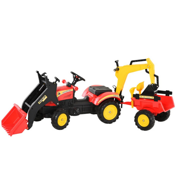 Rode traptractor met aanhanger, voorlader en kraan – 179x42x59 cm voor kinderen van 3–6 jaar
