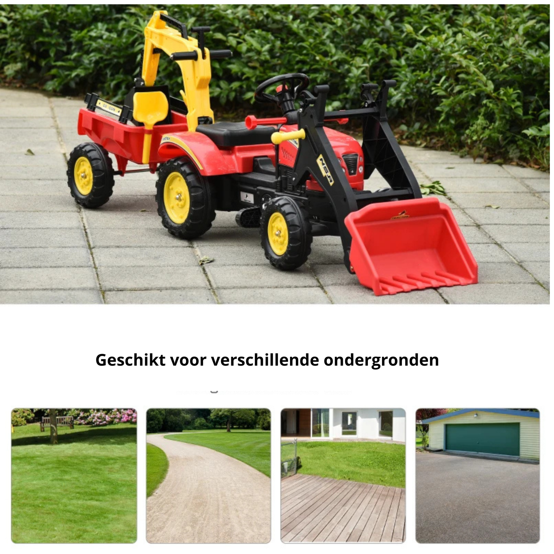 Rode traptractor met aanhanger, voorlader en kraan – 179x42x59 cm voor kinderen van 3–6 jaar