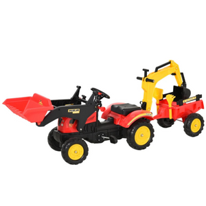 Rode traptractor met aanhanger, voorlader en kraan – 179x42x59 cm voor kinderen van 3–6 jaar met kunststof wielen en verstelbare onderdelen