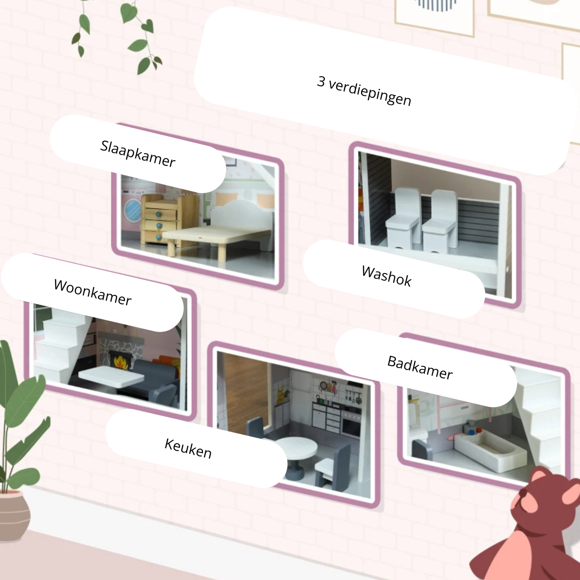 Houten poppenhuis met meubels – 3 verdiepingen voor kinderen van 3–6 jaar