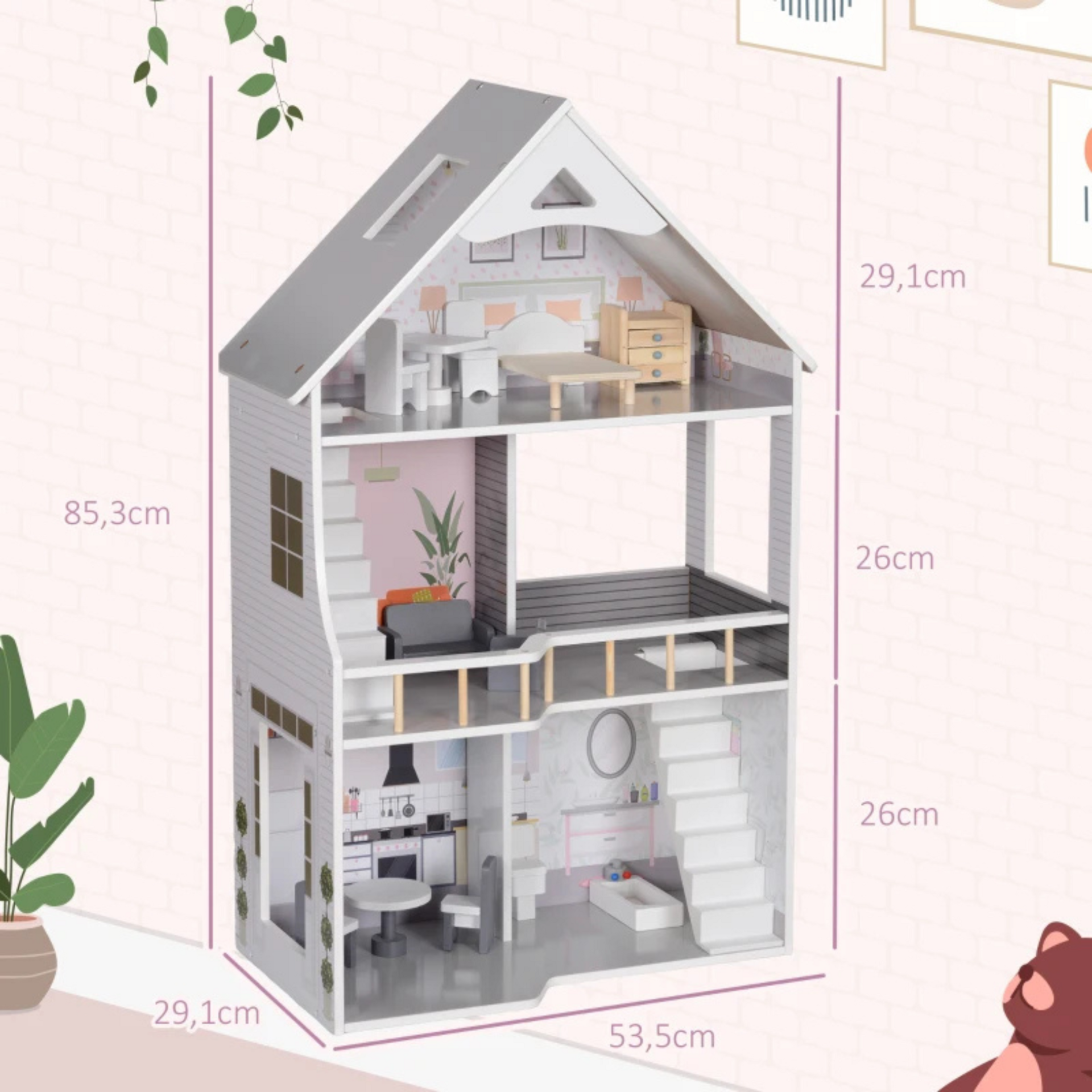 Houten poppenhuis met meubels – 3 verdiepingen voor kinderen van 3–6 jaar
