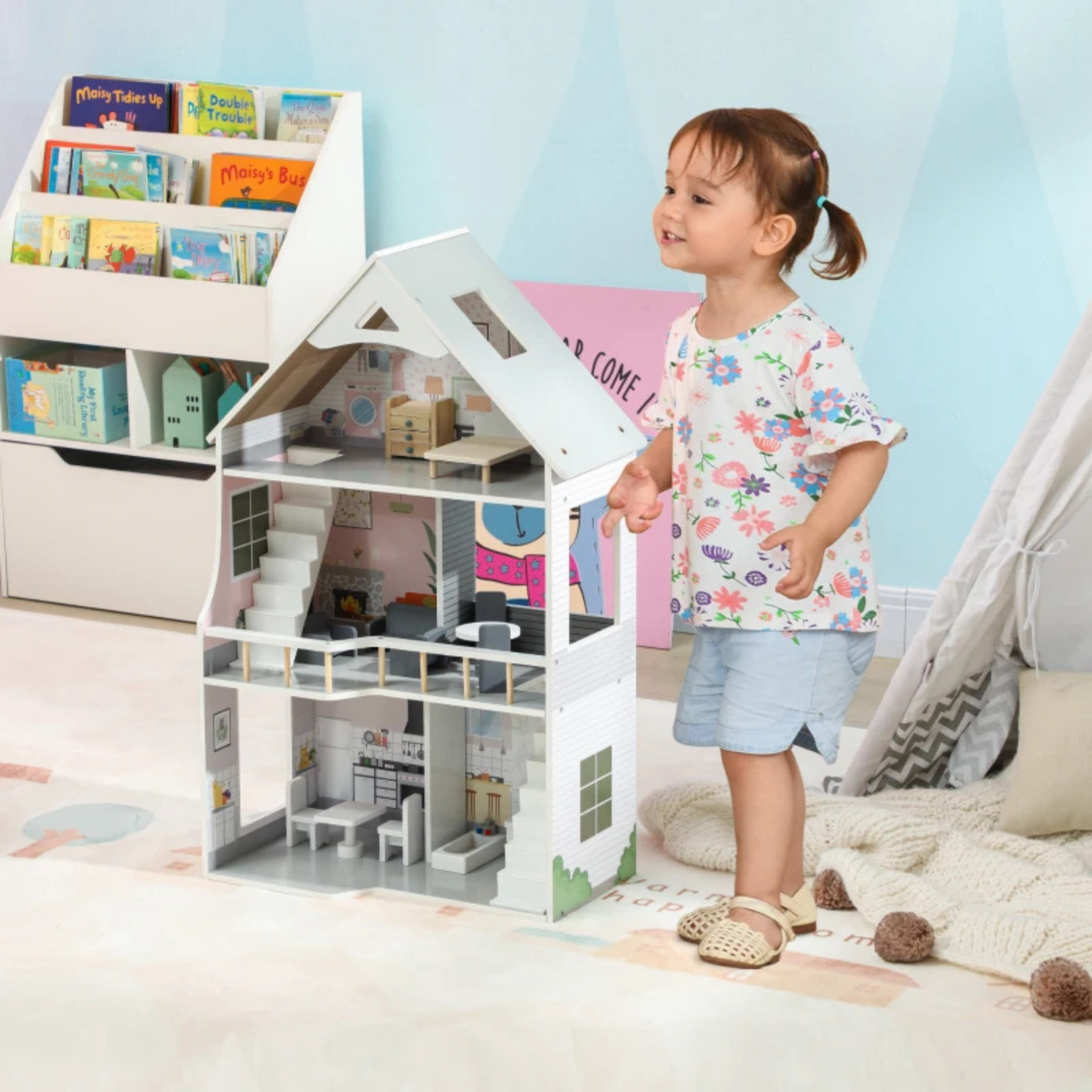 Houten poppenhuis met meubels – 3 verdiepingen voor kinderen van 3–6 jaar