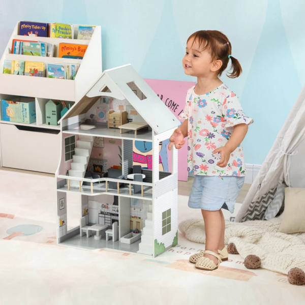 Houten poppenhuis met meubels – 3 verdiepingen voor kinderen van 3–6 jaar