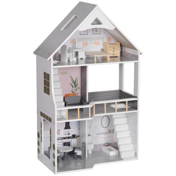 Houten poppenhuis met meubels – 3 verdiepingen voor kinderen van 3–6 jaar