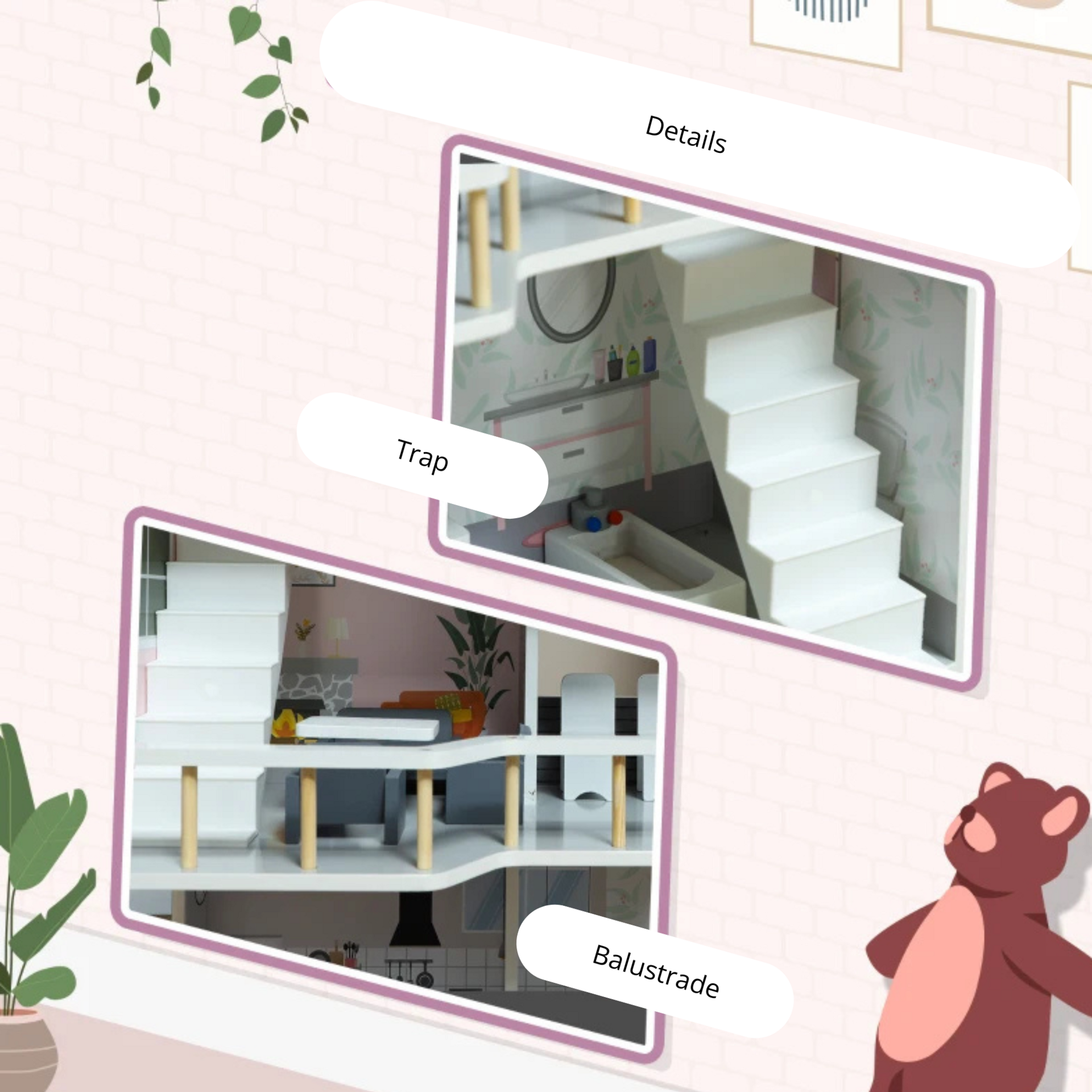 Houten poppenhuis met meubels – 3 verdiepingen voor kinderen van 3–6 jaar