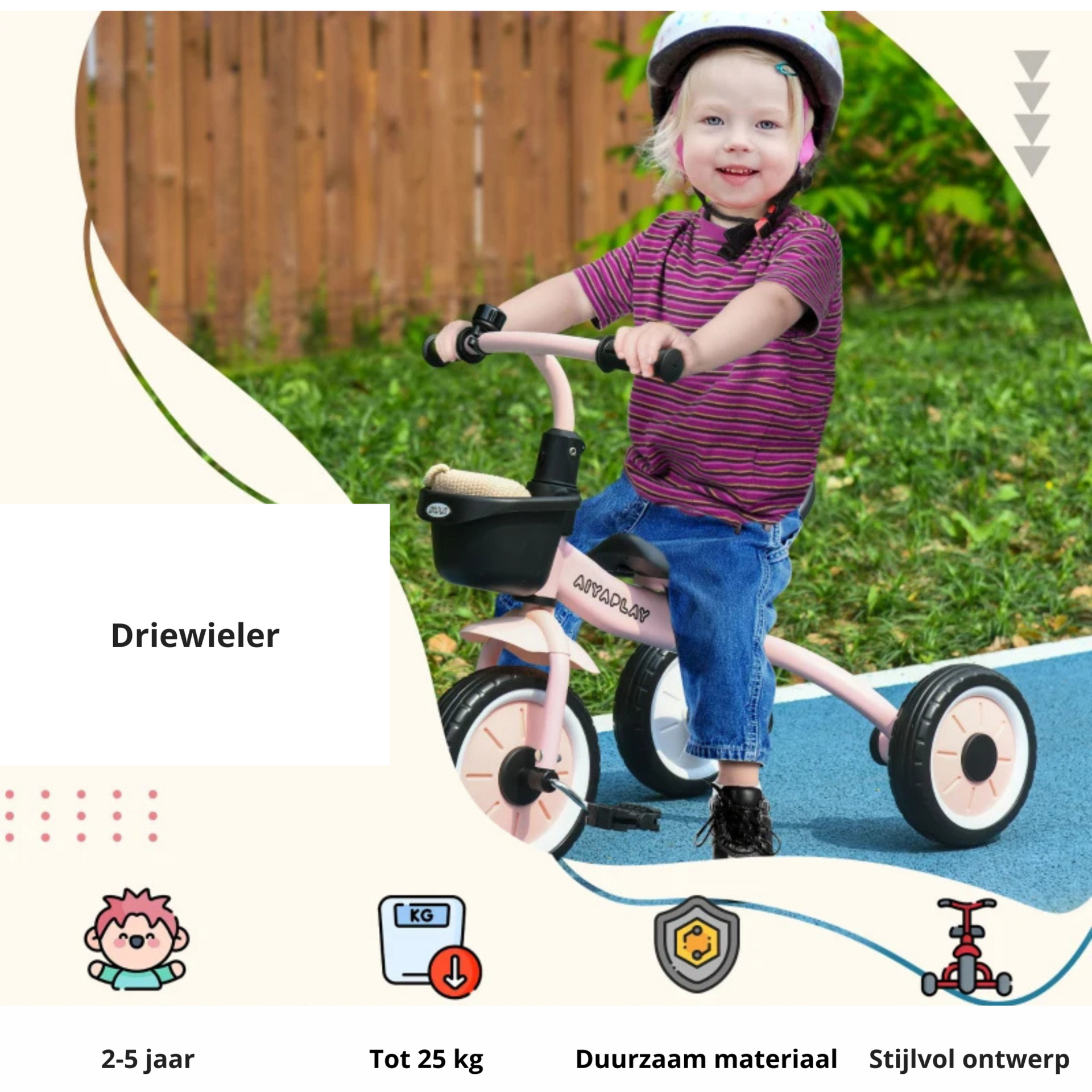 Roze driewieler met verstelbaar zadel en fietsmand – 70x40x58 cm voor kinderen van 2 tot 5 jaar