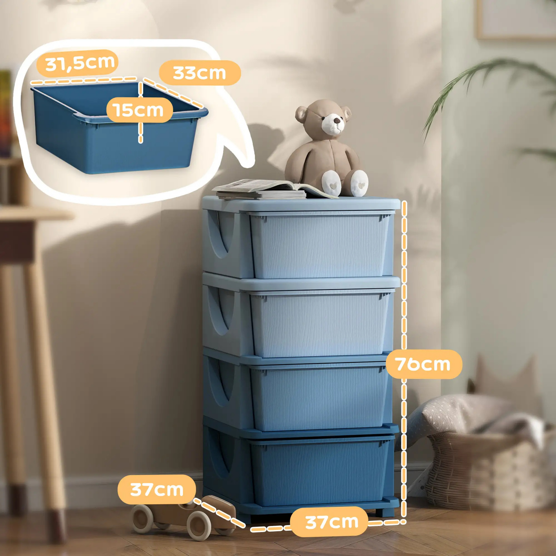 Blauwe speelgoed organizer met 4 lades – 37x37x76 cm voor een opgeruimde kinderkamer