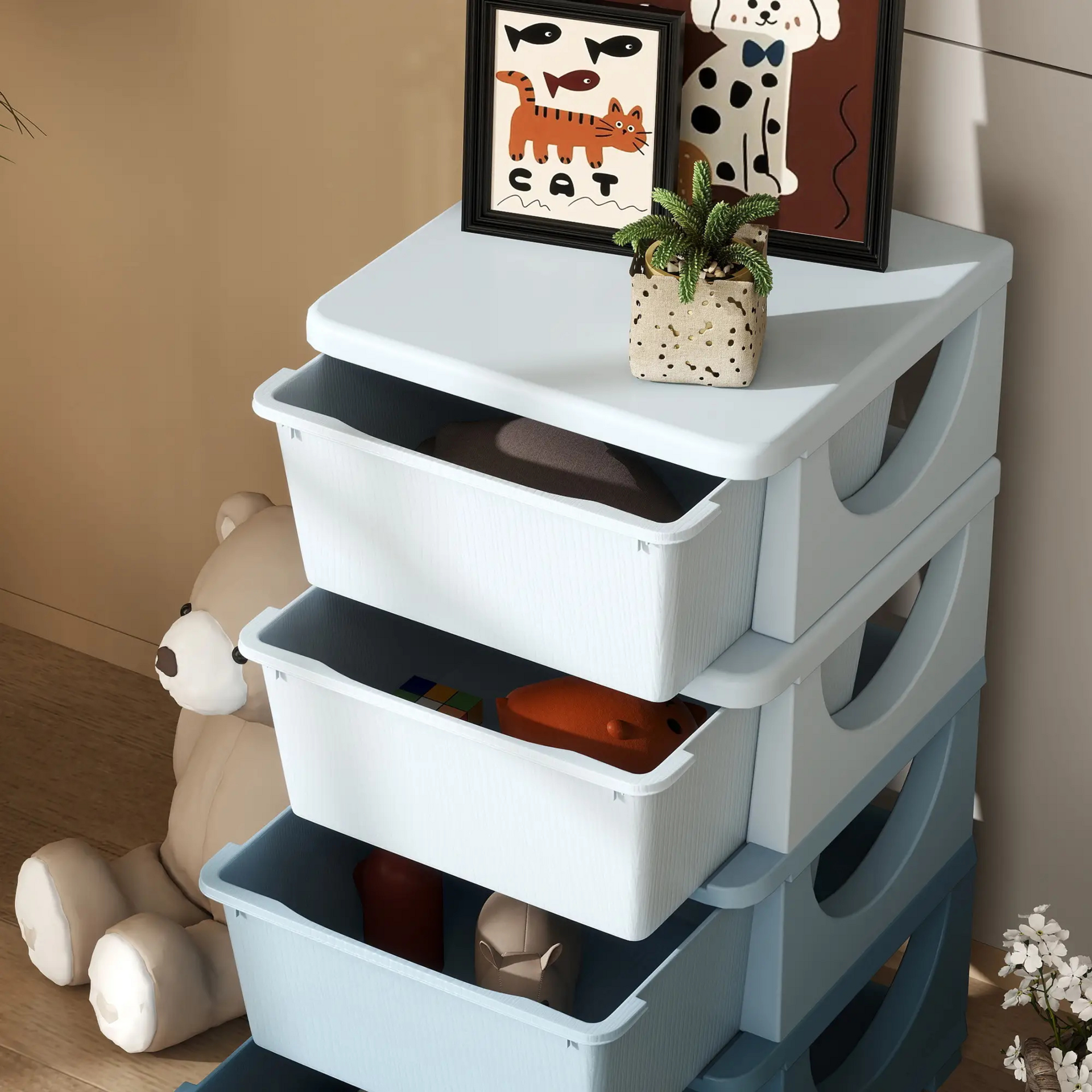 Blauwe speelgoed organizer met 4 lades – 37x37x76 cm voor een opgeruimde kinderkamer