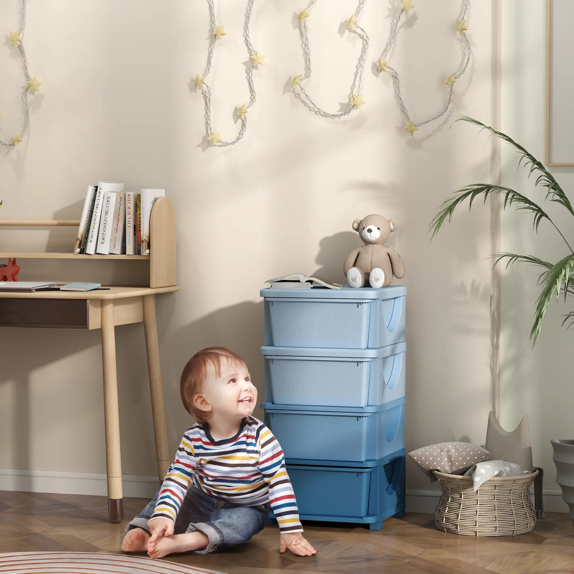 Blauwe speelgoed organizer met 4 lades – 37x37x76 cm voor een opgeruimde kinderkamer