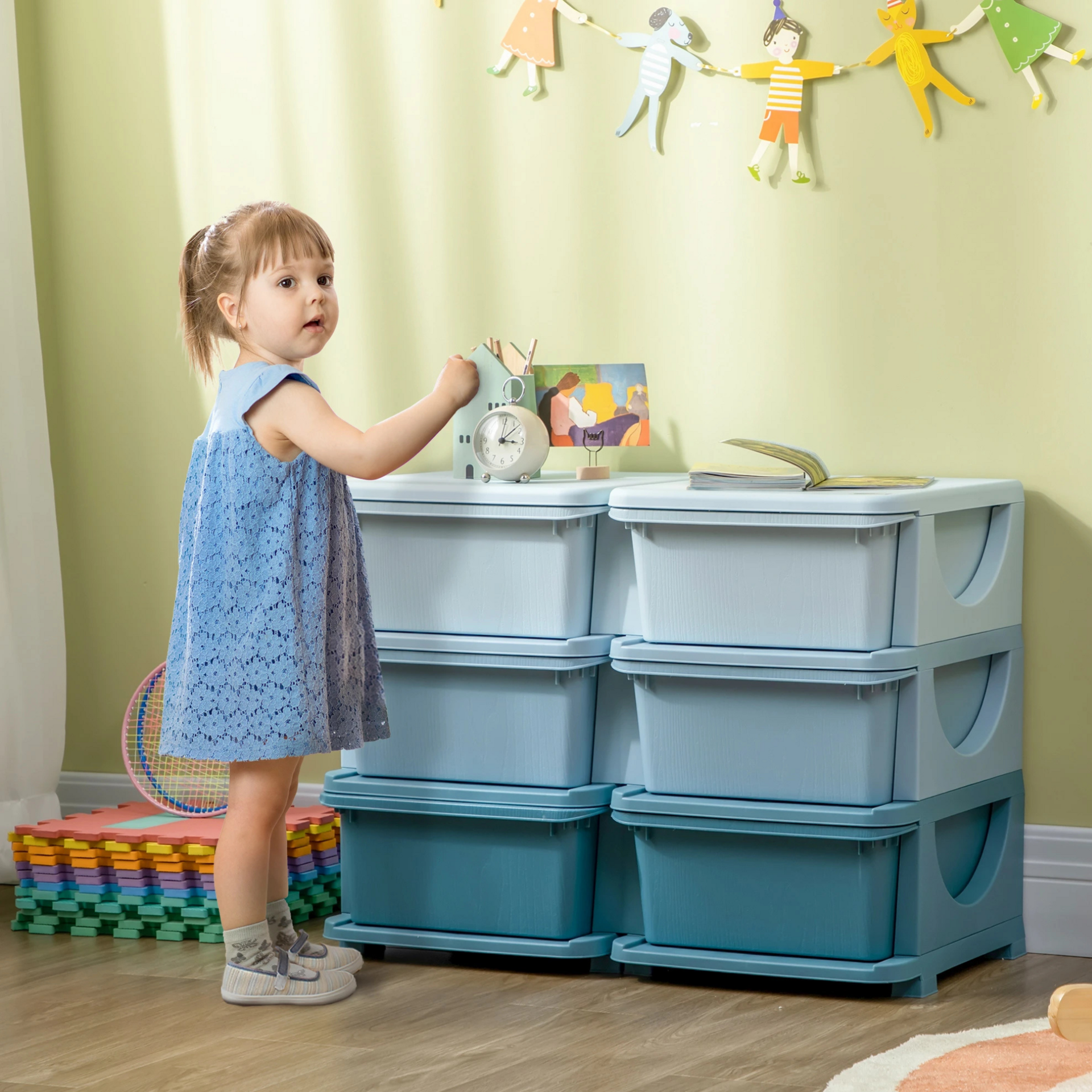 Blauwe speelgoed organizer met 6 lades – 75x37x37 cm voor een opgeruimde kinderkamer - Zenzee