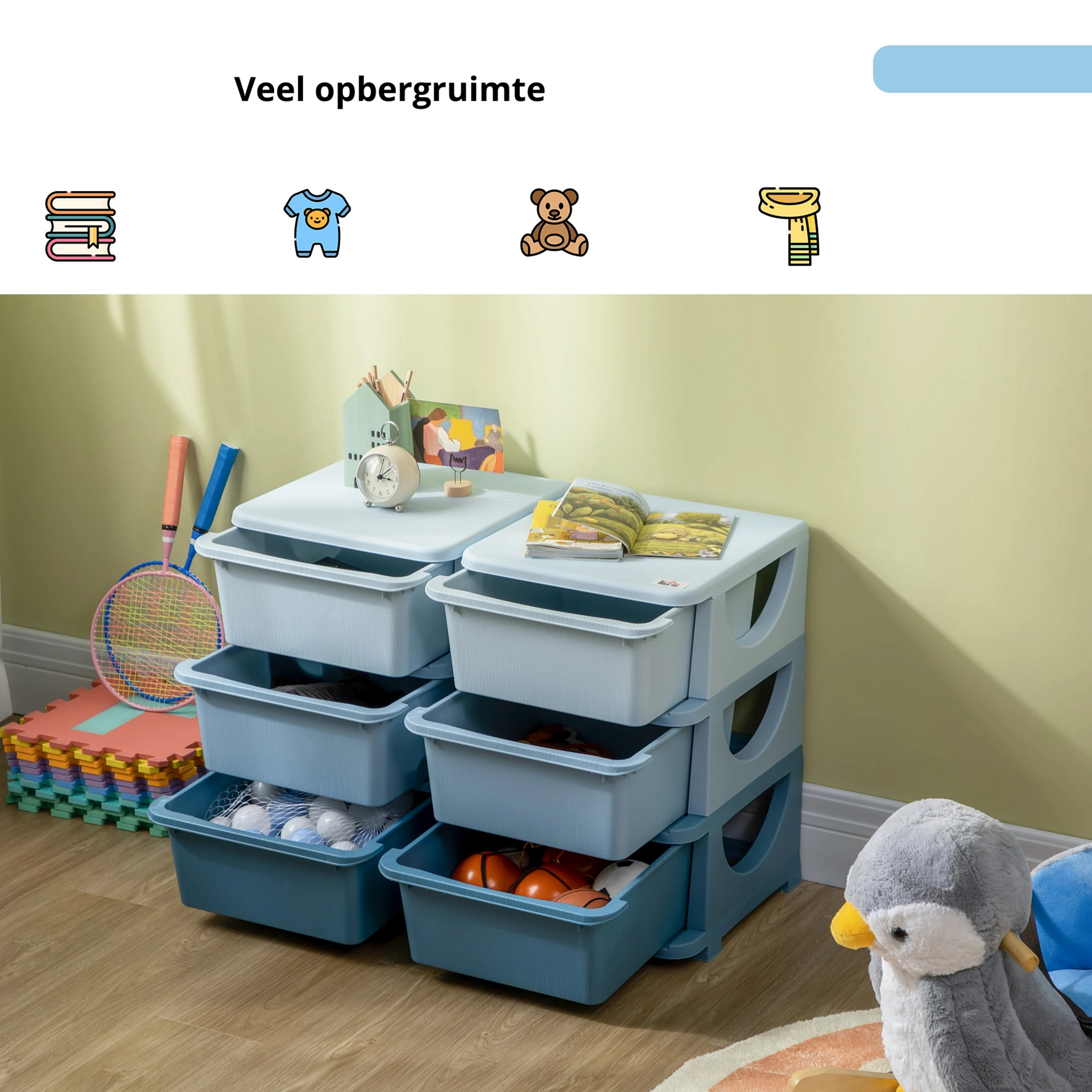 Blauwe speelgoed organizer met 6 lades – 75x37x37 cm voor een opgeruimde kinderkamer - Zenzee