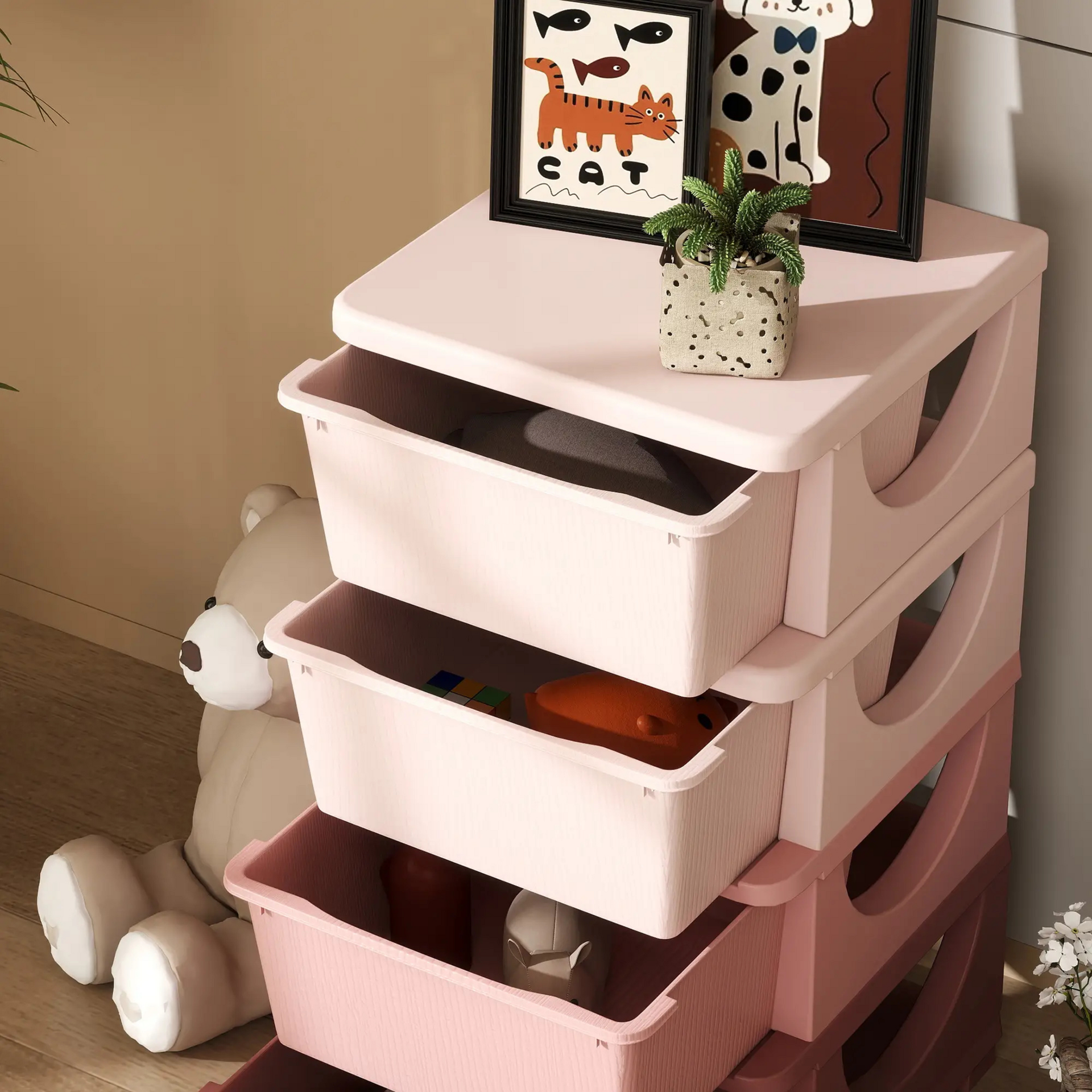 Roze speelgoed organizer met 4 lades – 37x37x76 cm voor een opgeruimde kinderkamer