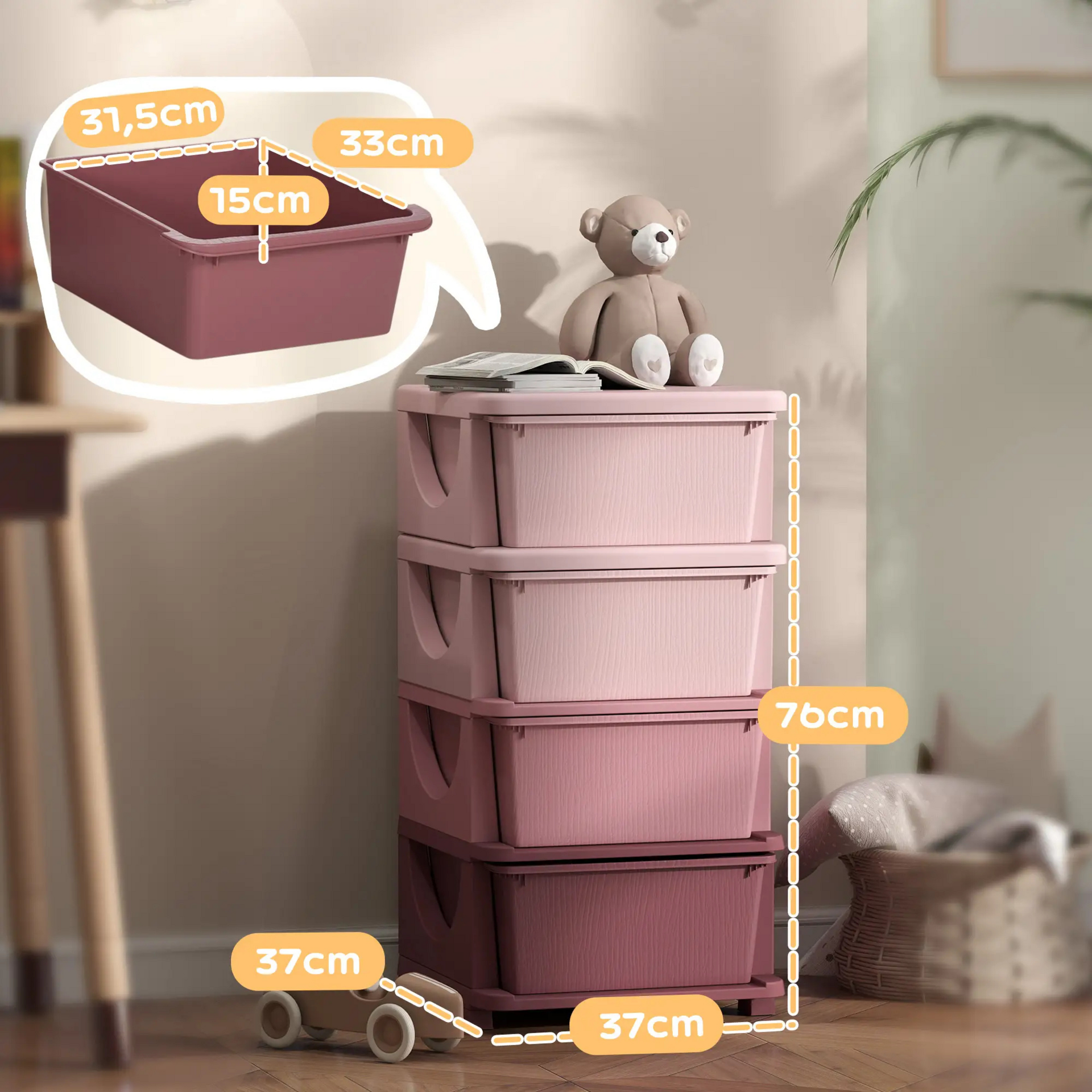 Roze speelgoed organizer met 4 lades – 37x37x76 cm voor een opgeruimde kinderkamer