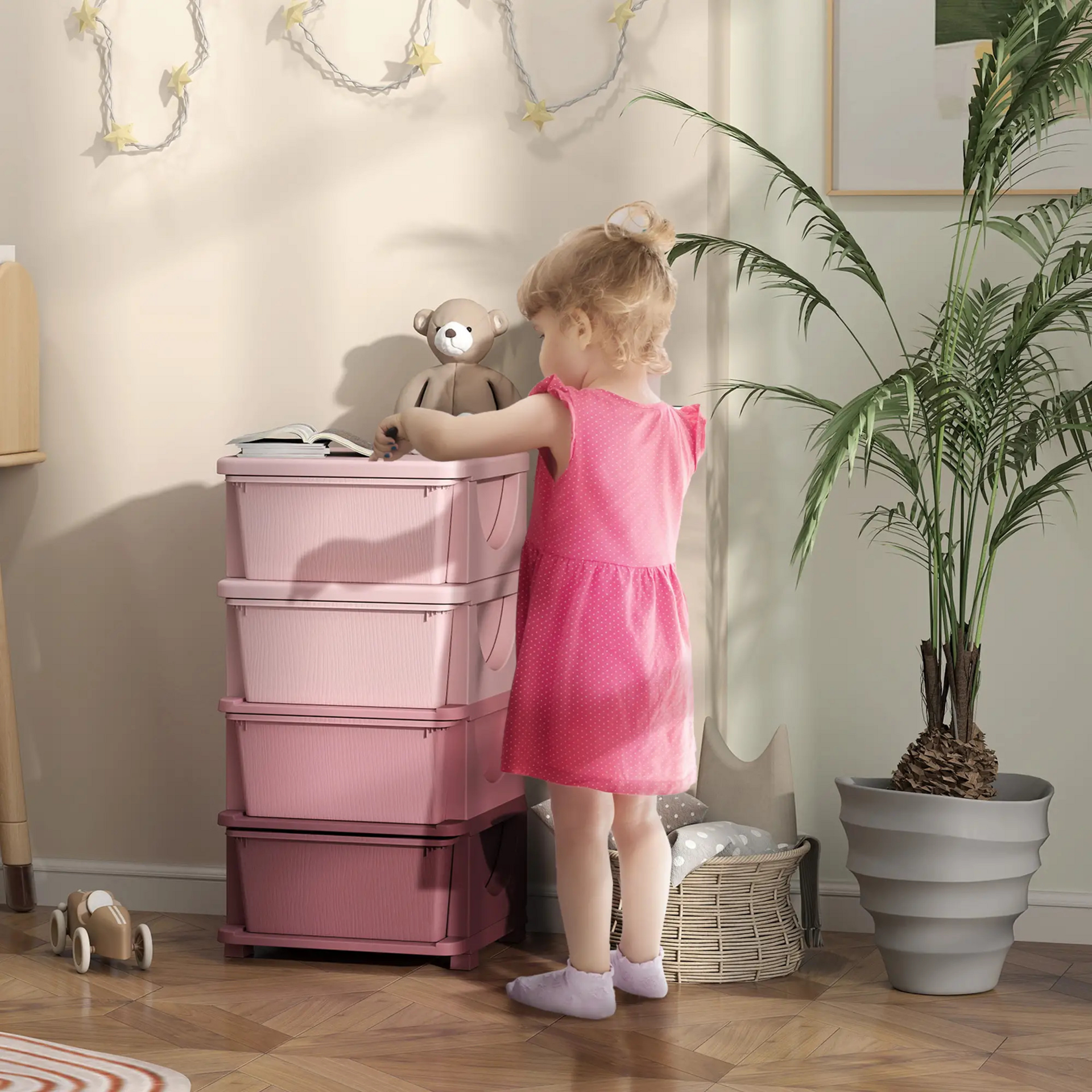 Roze speelgoed organizer met 4 lades – 37x37x76 cm voor een opgeruimde kinderkamer