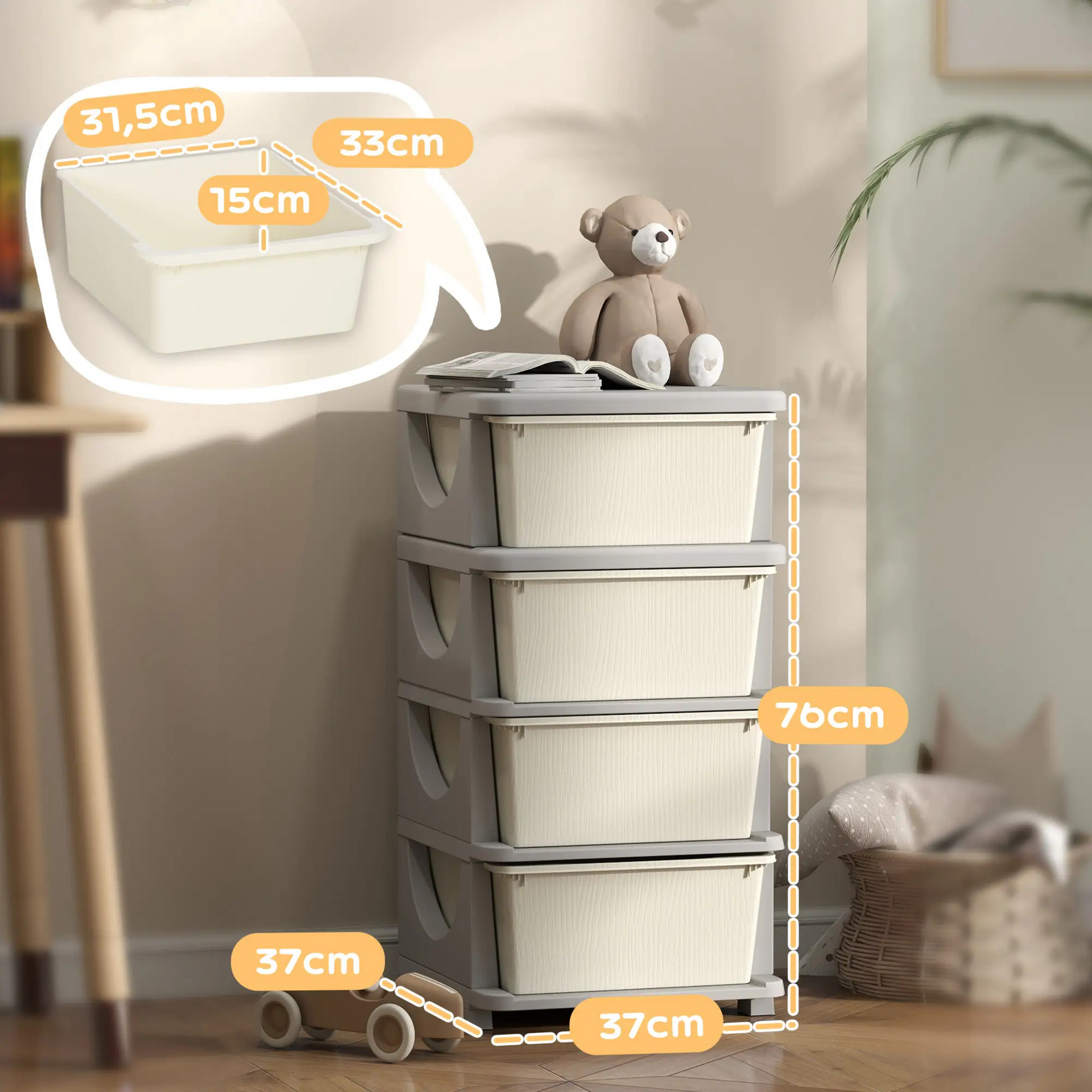 Crème-witte speelgoed organizer met 3 lades – 37x37x76 cm voor een opgeruimde kinderkamer