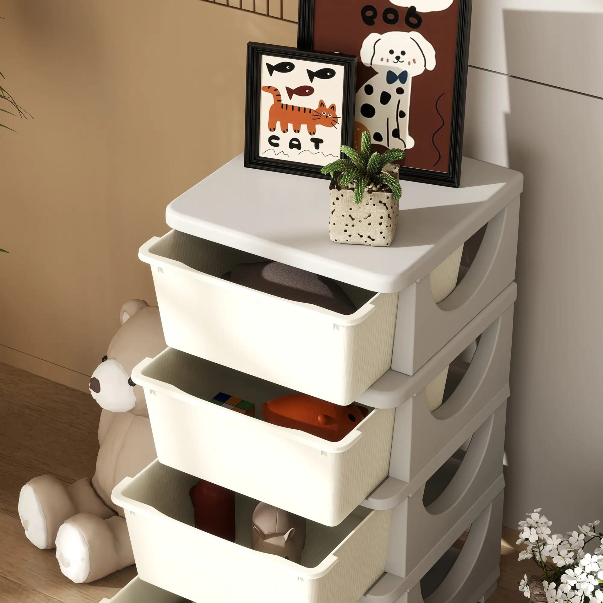 Crème-witte speelgoed organizer met 3 lades – 37x37x76 cm voor een opgeruimde kinderkamer