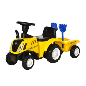 Gele tractor loopauto met aanhanger en zandspeelgoed 91x29x44 cm voor kinderen vanaf 2 jaar met comfortabel stuur