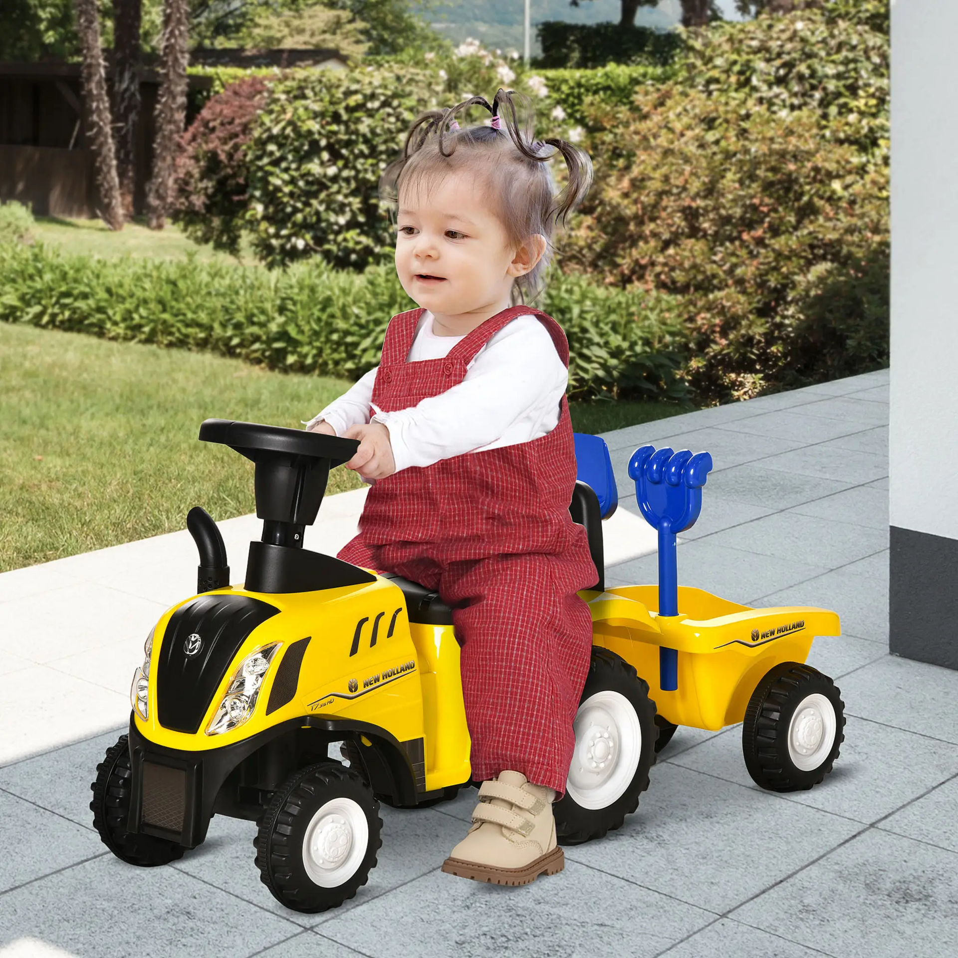Gele tractor loopauto met aanhanger en zandspeelgoed – 91x29x44 cm voor kinderen vanaf 2 jaar