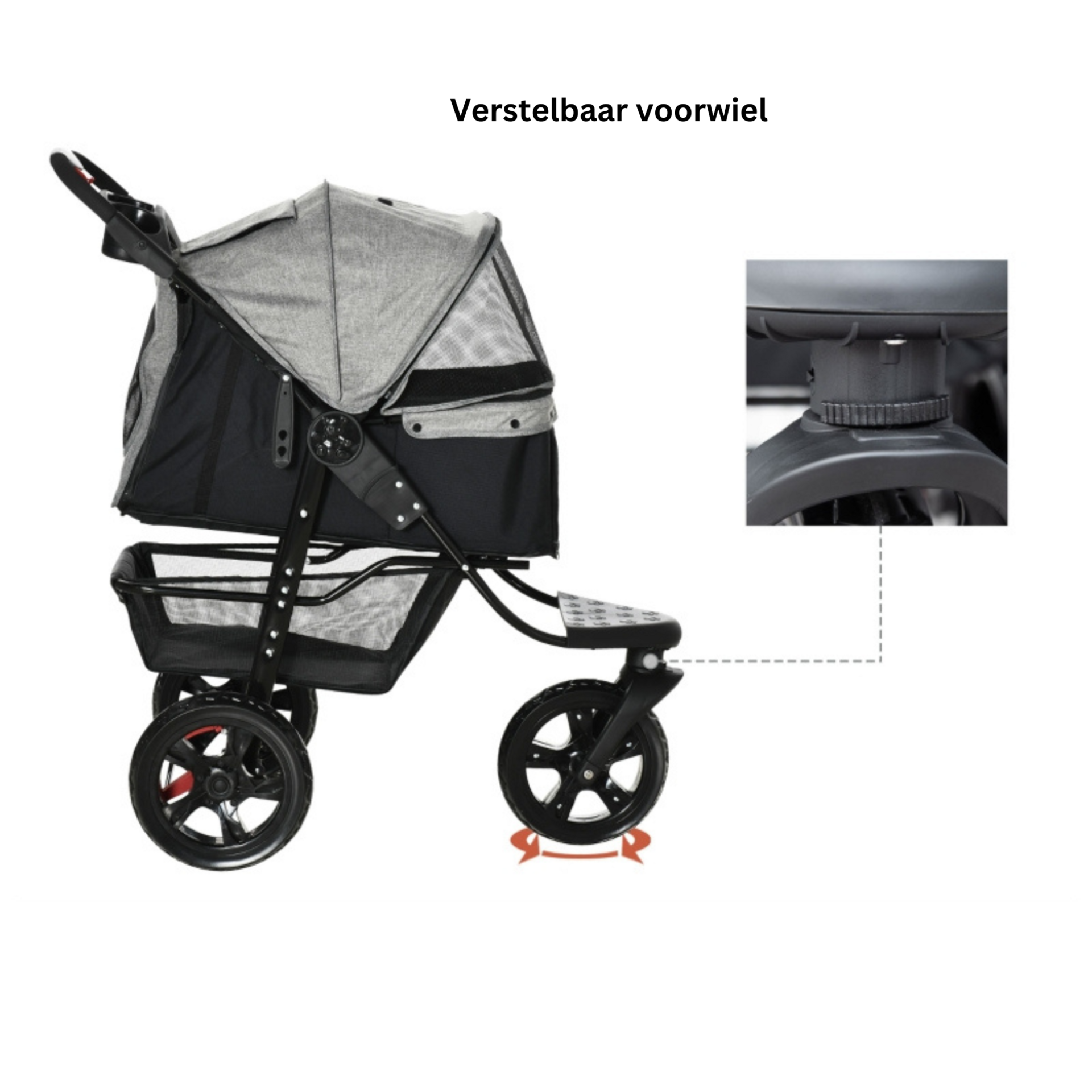 Opvouwbare hondenbuggy met verstelbare kap en opbergruimte – grijs/zwart – 110×58×107 cm | Zenzee