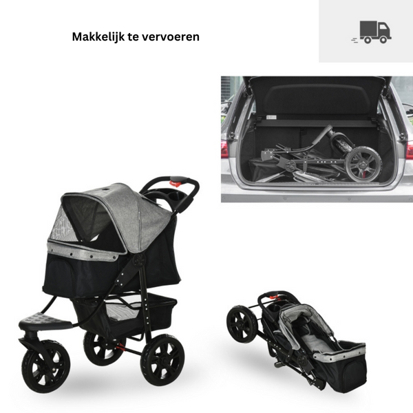 Opvouwbare hondenbuggy met verstelbare kap en opbergruimte – grijs/zwart – 110×58×107 cm | Zenzee