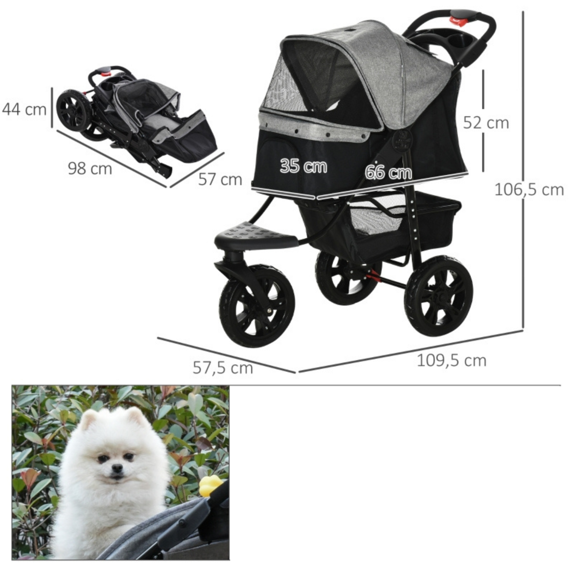 Opvouwbare hondenbuggy met verstelbare kap en opbergruimte – grijs/zwart – 110×58×107 cm | Zenzee